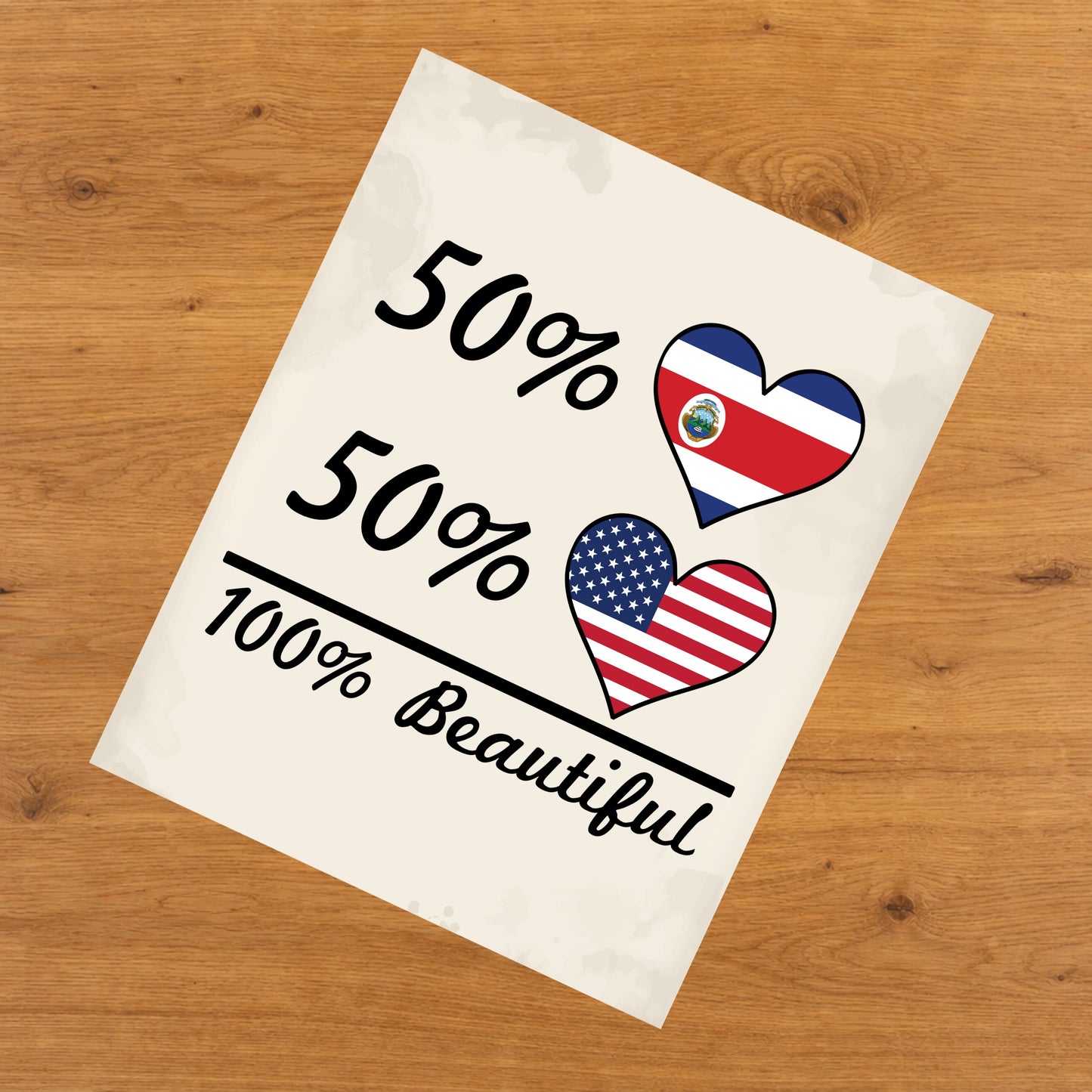 50% Costa Rican 50% American 100% Beautiful Costa Rica Flag Heart 8"x10" Wall Art Print