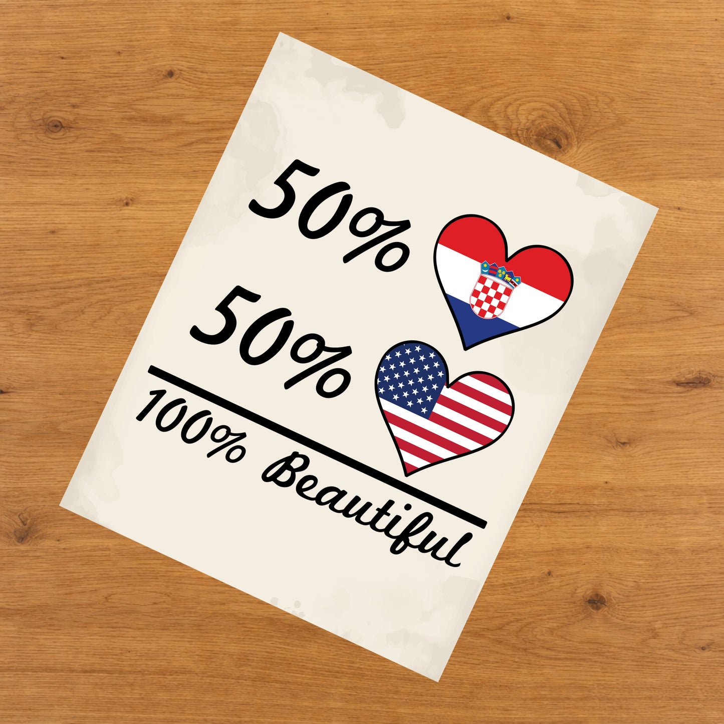 50% Croatian 50% American 100% Beautiful Croatia Flag Heart 8"x10" Wall Art Print