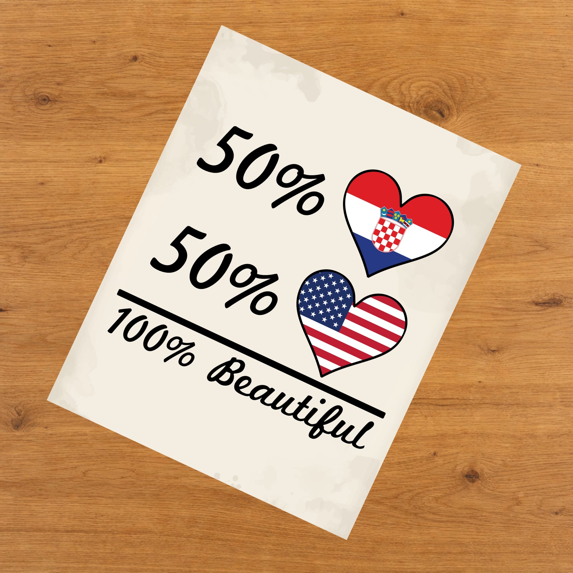 50% Croatian 50% American 100% Beautiful Croatia Flag Heart 8"x10" Wall Art Print