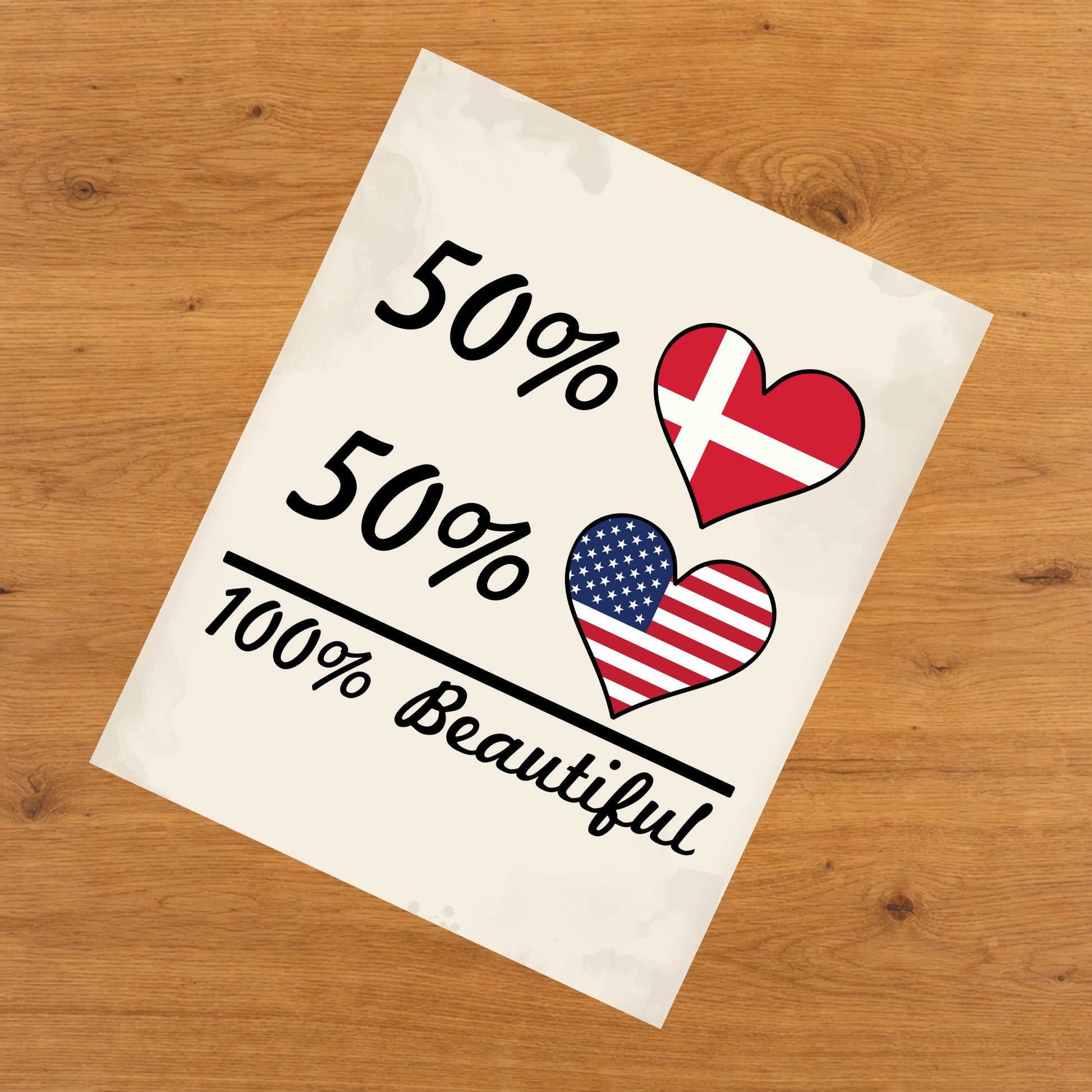 50% Danish 50% American 100% Beautiful Denmark Flag Heart 8"x10" Wall Art Print