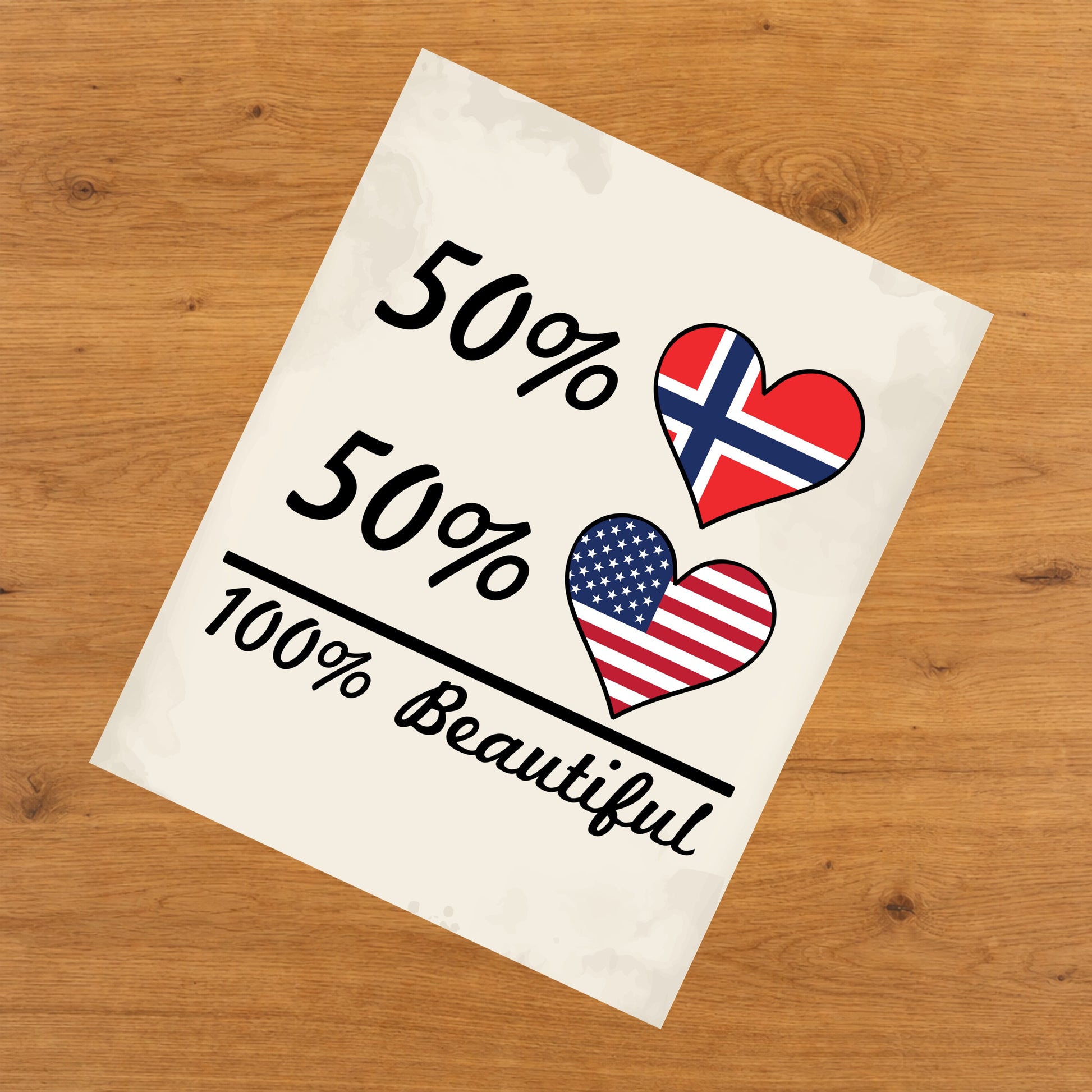 50% Norwegian 50% American 100% Beautiful Norway Flag Heart 8"x10" Wall Art Print