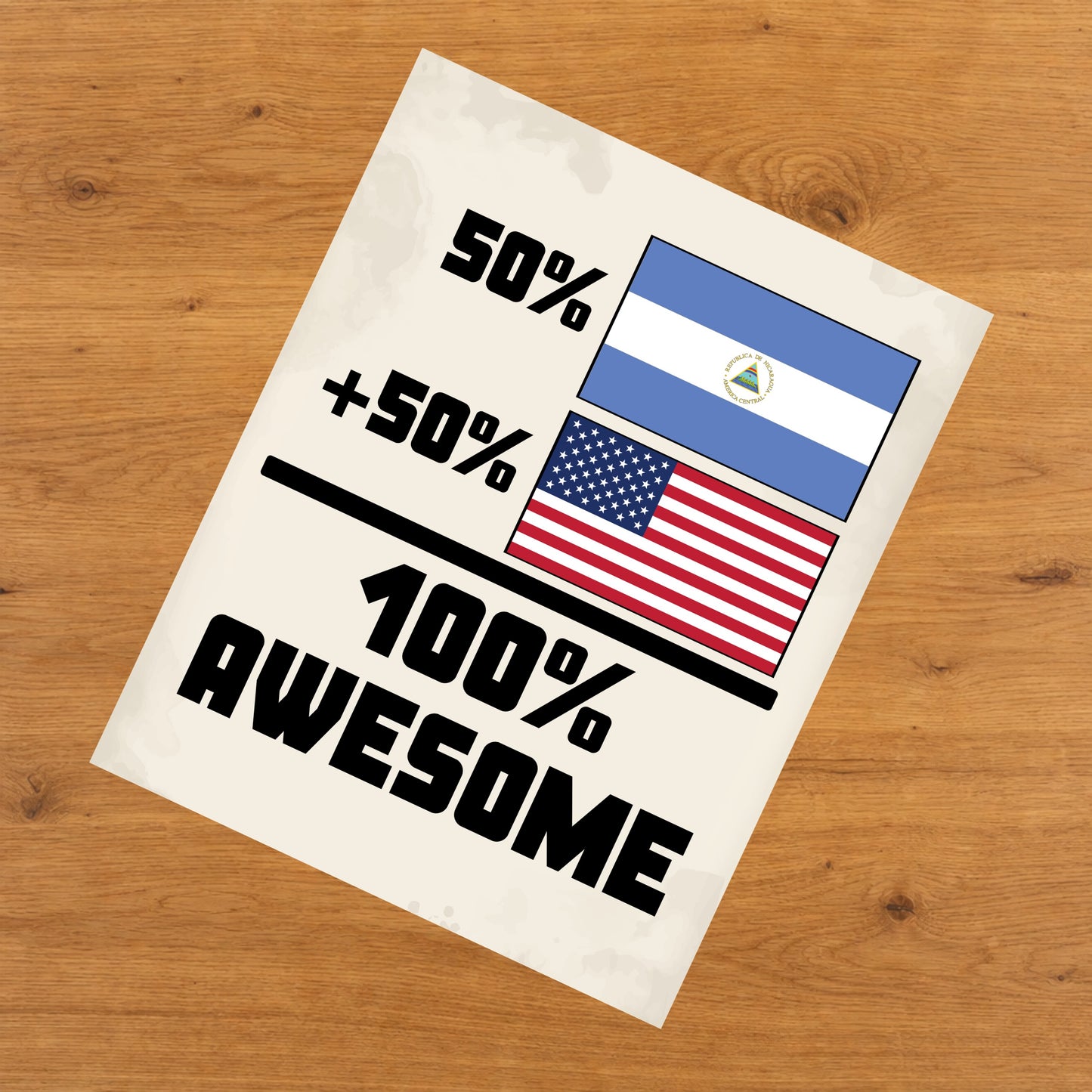 50% Nicaraguan 50% American 100% Awesome Funny Flag 8"x10" Wall Art Print