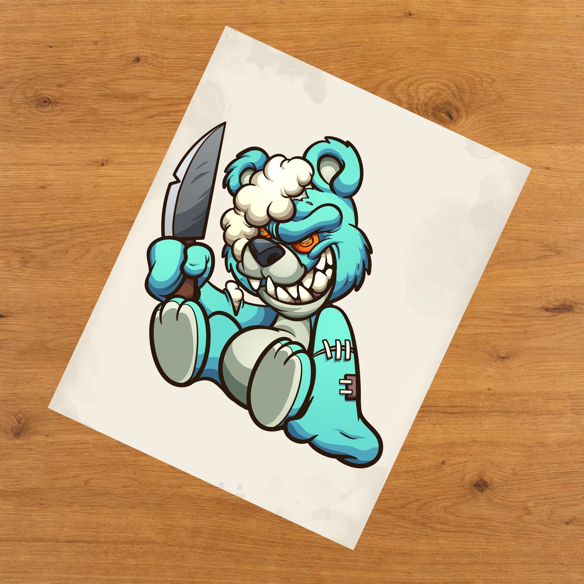 Evil Blue Teddy Bear With Knife Demented Deranged Bear 8"x10" Wall Art Print