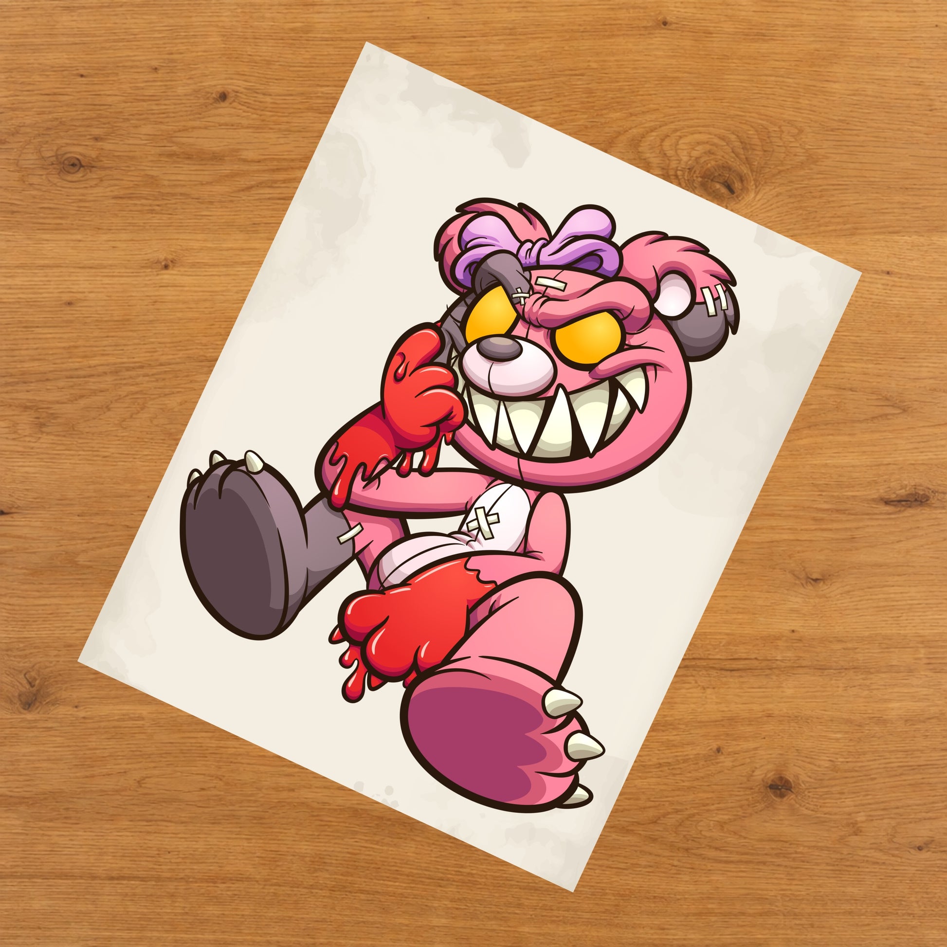 Demented Pink Teddy Bear Bloody Hands Evil Bear 8"x10" Wall Art Print