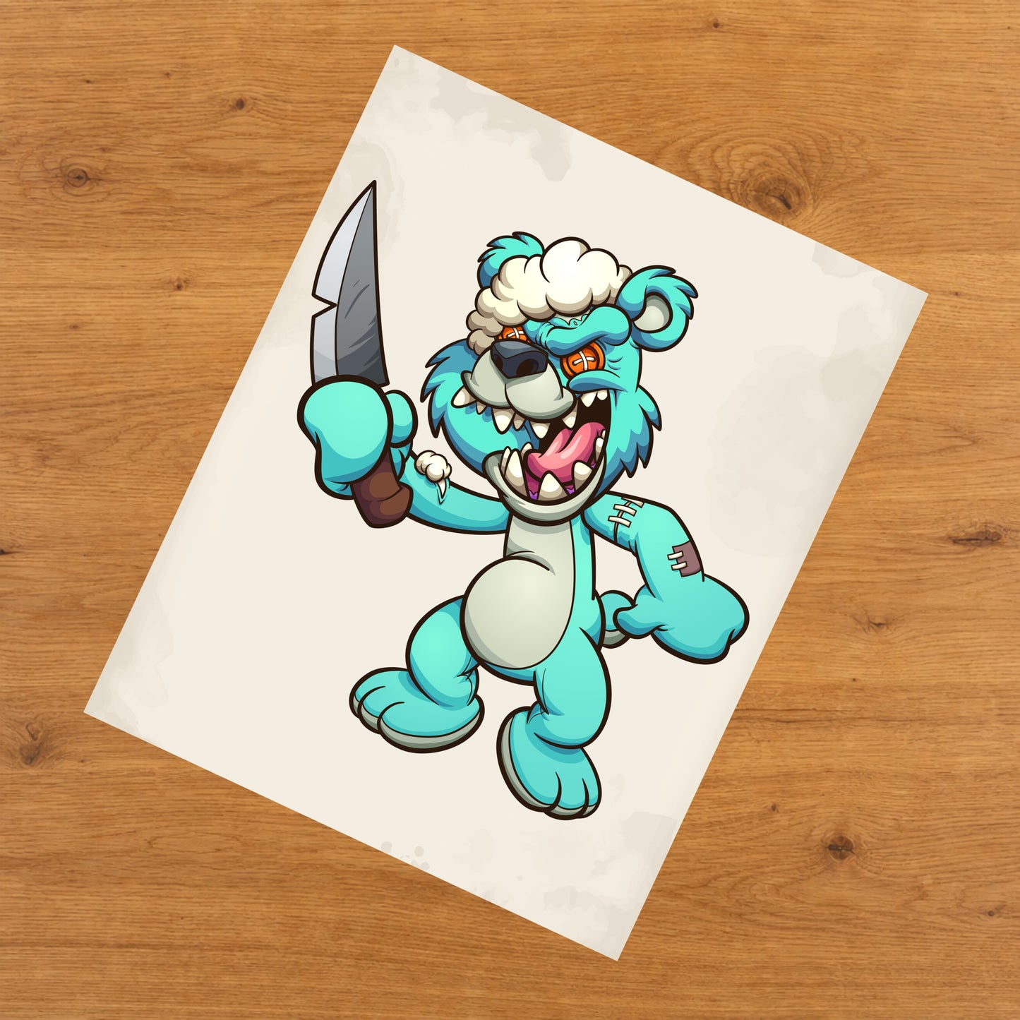 Scary Blue Teddy Bear With Knife Demented Deranged Bear 8"x10" Wall Art Print