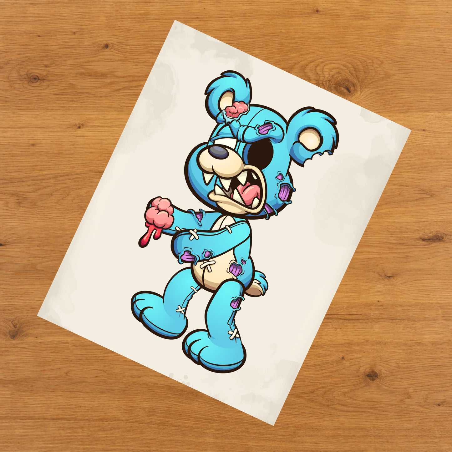 Zombie Teddy Bear Holding Brains Scary Halloween 8"x10" Wall Art Print