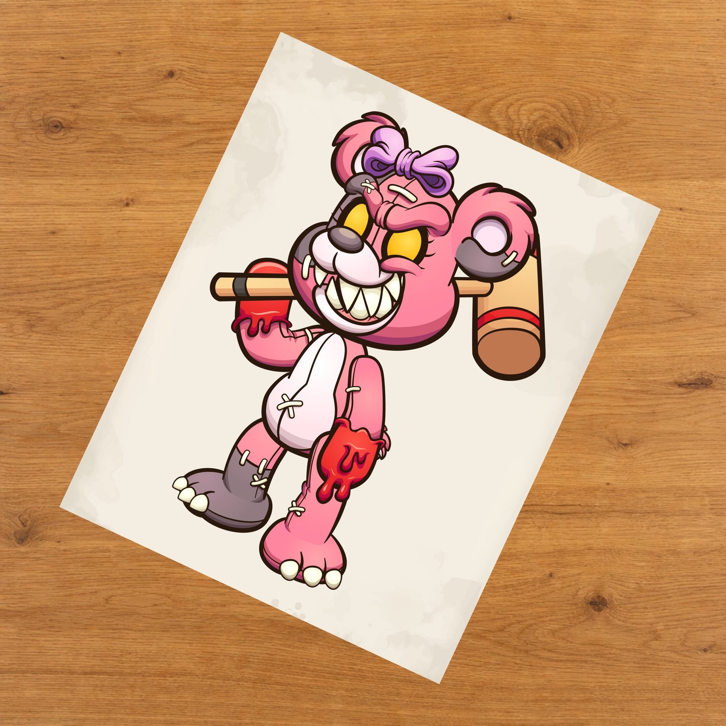Evil Pink Teddy Bear With Mallet Scary Demented Bear 8"x10" Wall Art Print