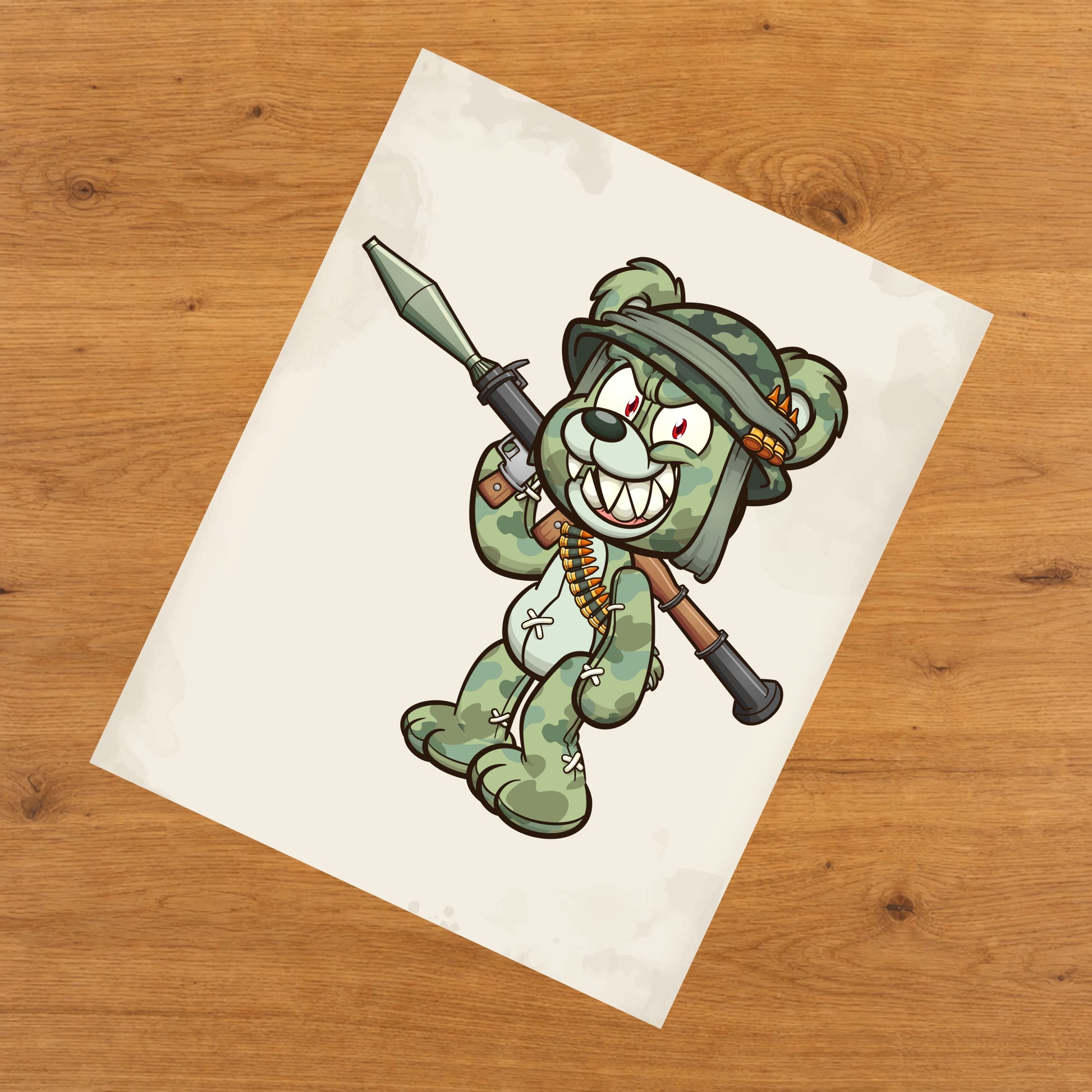 Rocket Launcher Camo Teddy Bear Scary Soldier Bear 8"x10" Wall Art Print