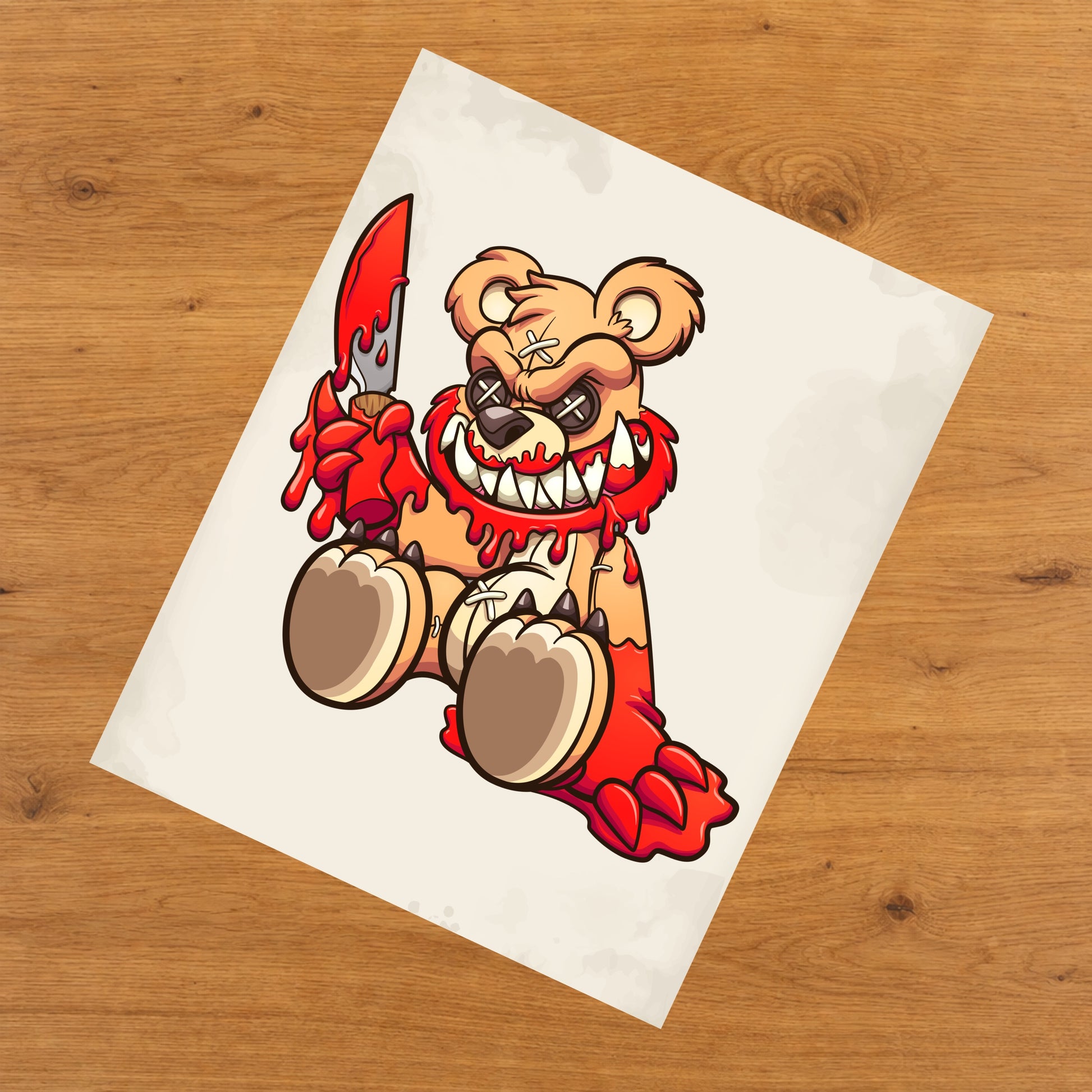 Evil Teddy Bear Covered In Blood Holding a Knife Scary Bear 8"x10" Wall Art Print