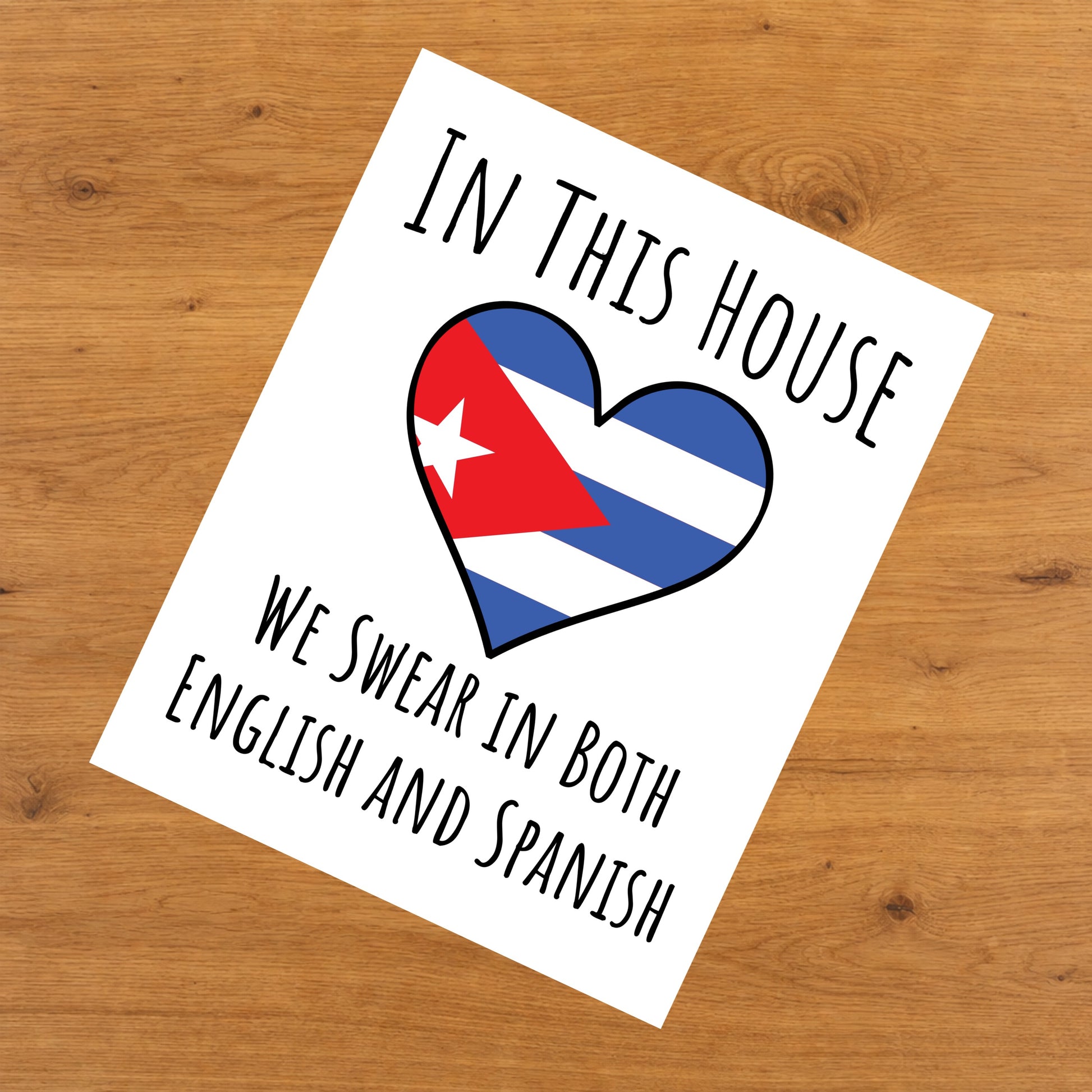 In This House We Swear In Both English and Spanish Funny Cuban Flag Heart Cuba 8"x10" Wall Art Print