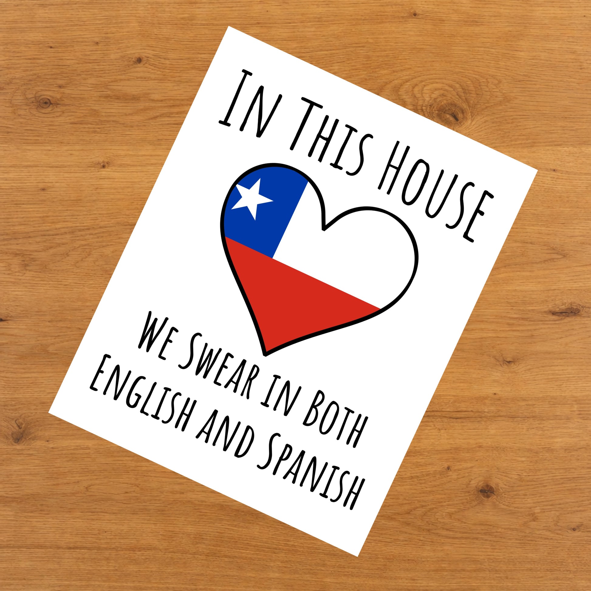 In This House We Swear In Both English and Spanish Funny Chilean Flag Heart Chile 8"x10" Wall Art Print