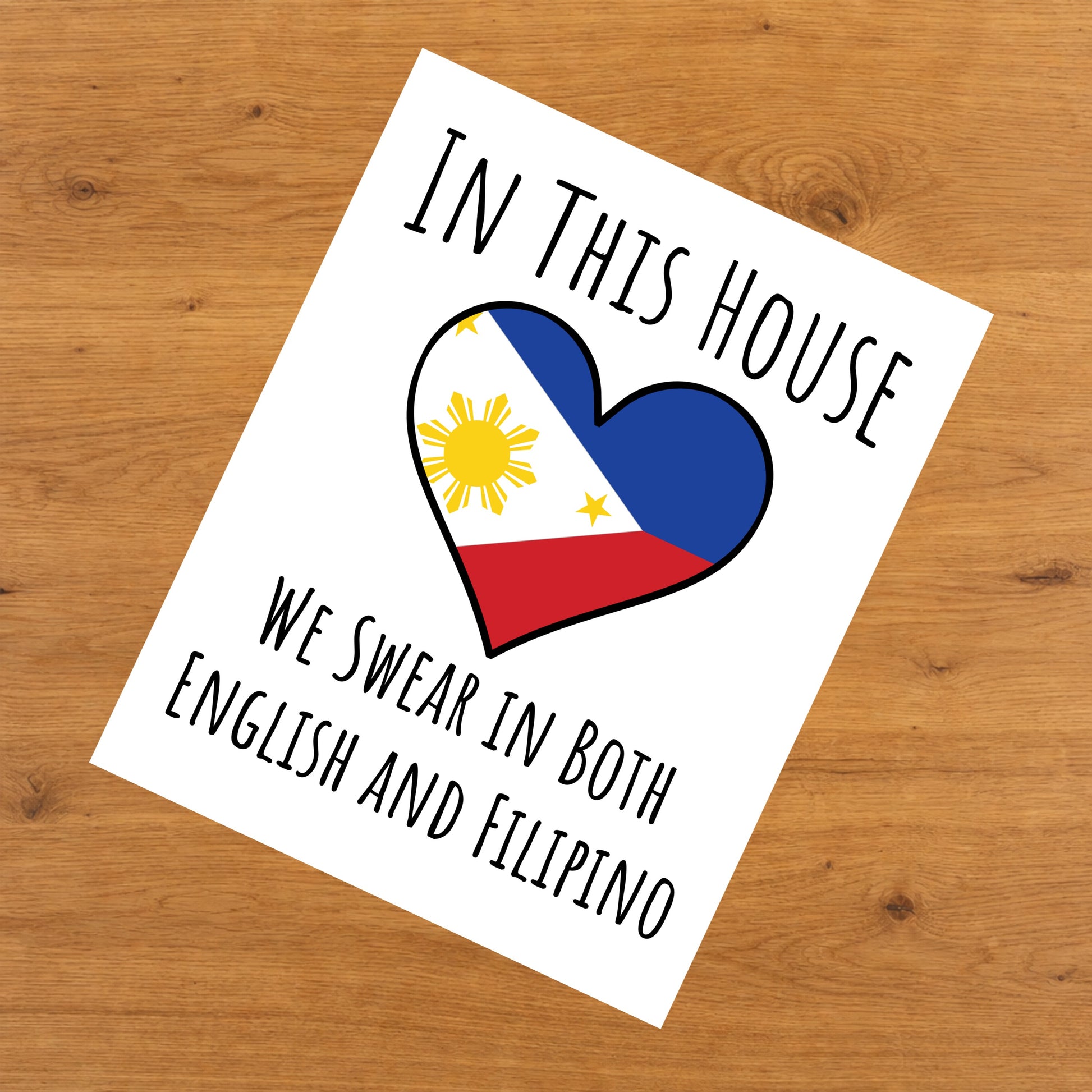 In This House We Swear In Both English and Filipino Funny Filipino Flag Heart Philippines 8"x10" Wall Art Print