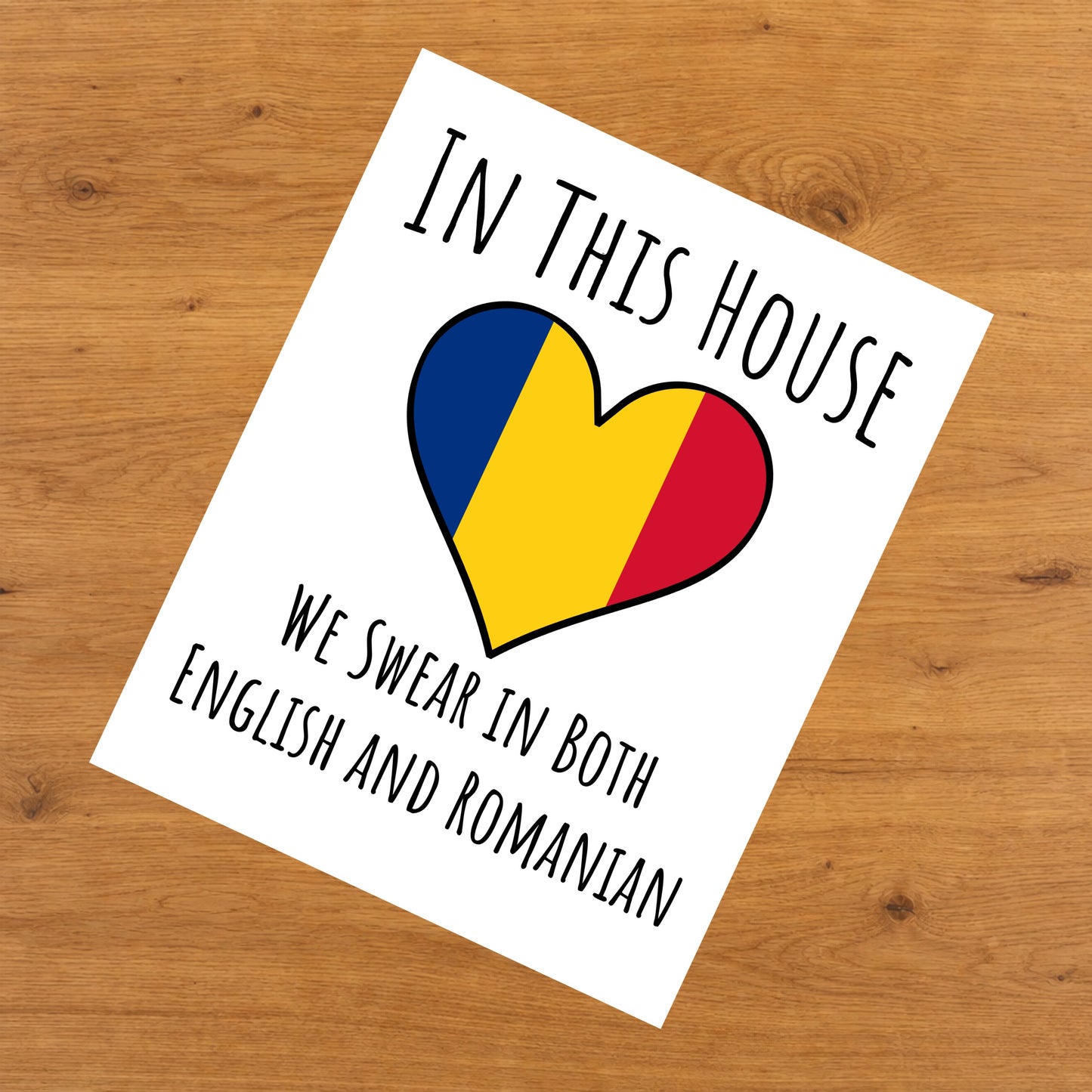 In This House We Swear In Both English and Romanian Funny Romanian Flag Heart Romania 8"x10" Wall Art Print
