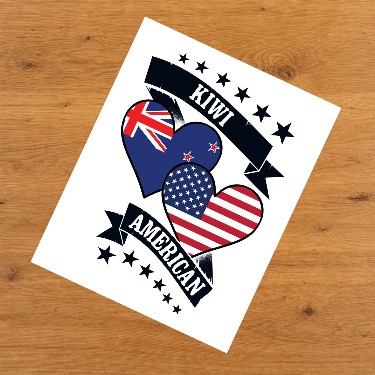 Kiwi American Heart Flags New Zealand America 8"x10" Wall Art Print