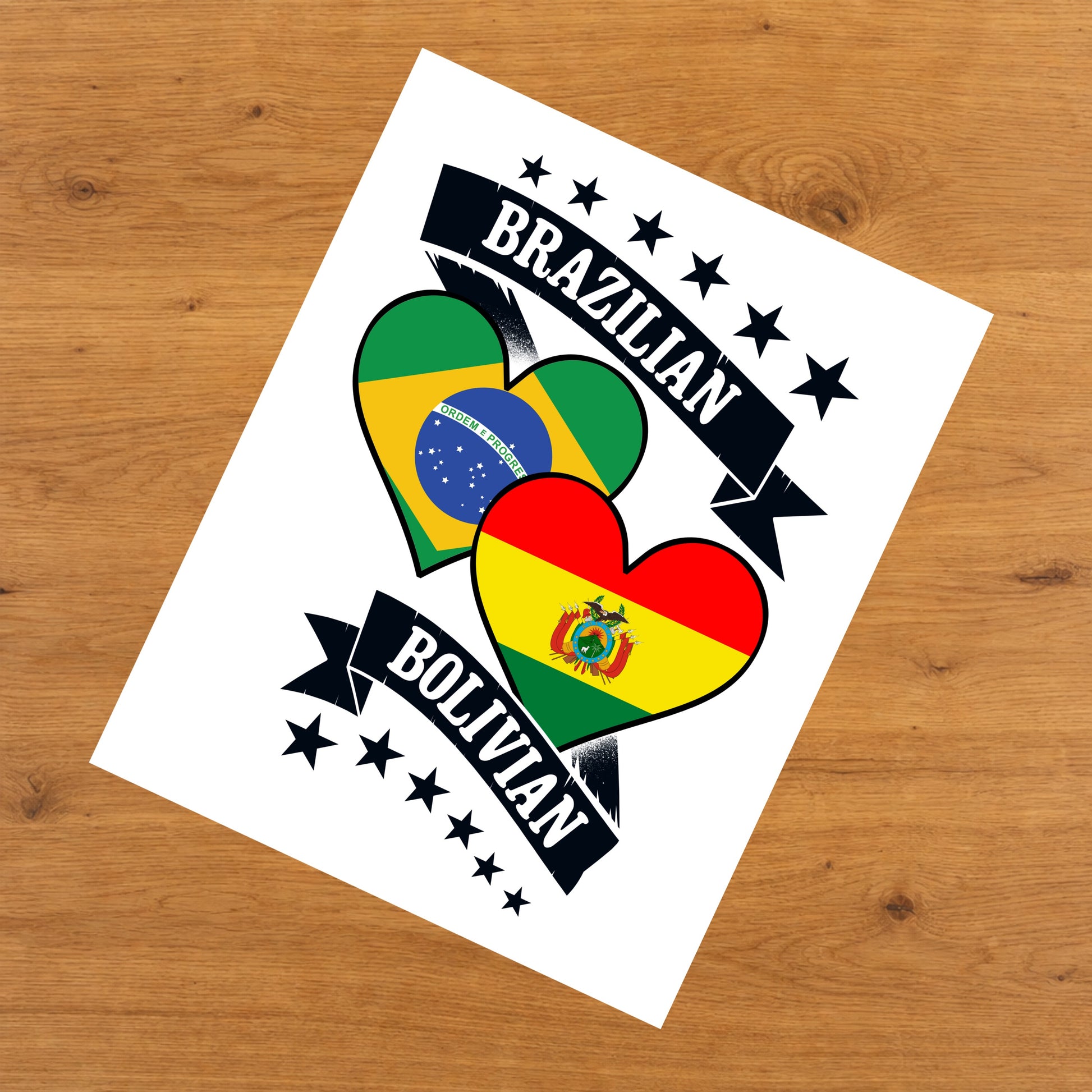 Brazilian Bolivian Heart Flags Brazil Bolivia 8"x10" Wall Art Print