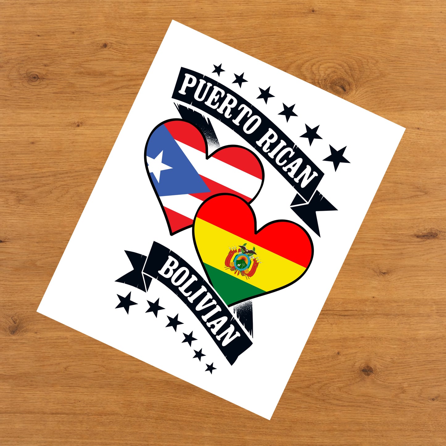 Puerto Rican Bolivian Heart Flags Puerto Rico Bolivia 8"x10" Wall Art Print