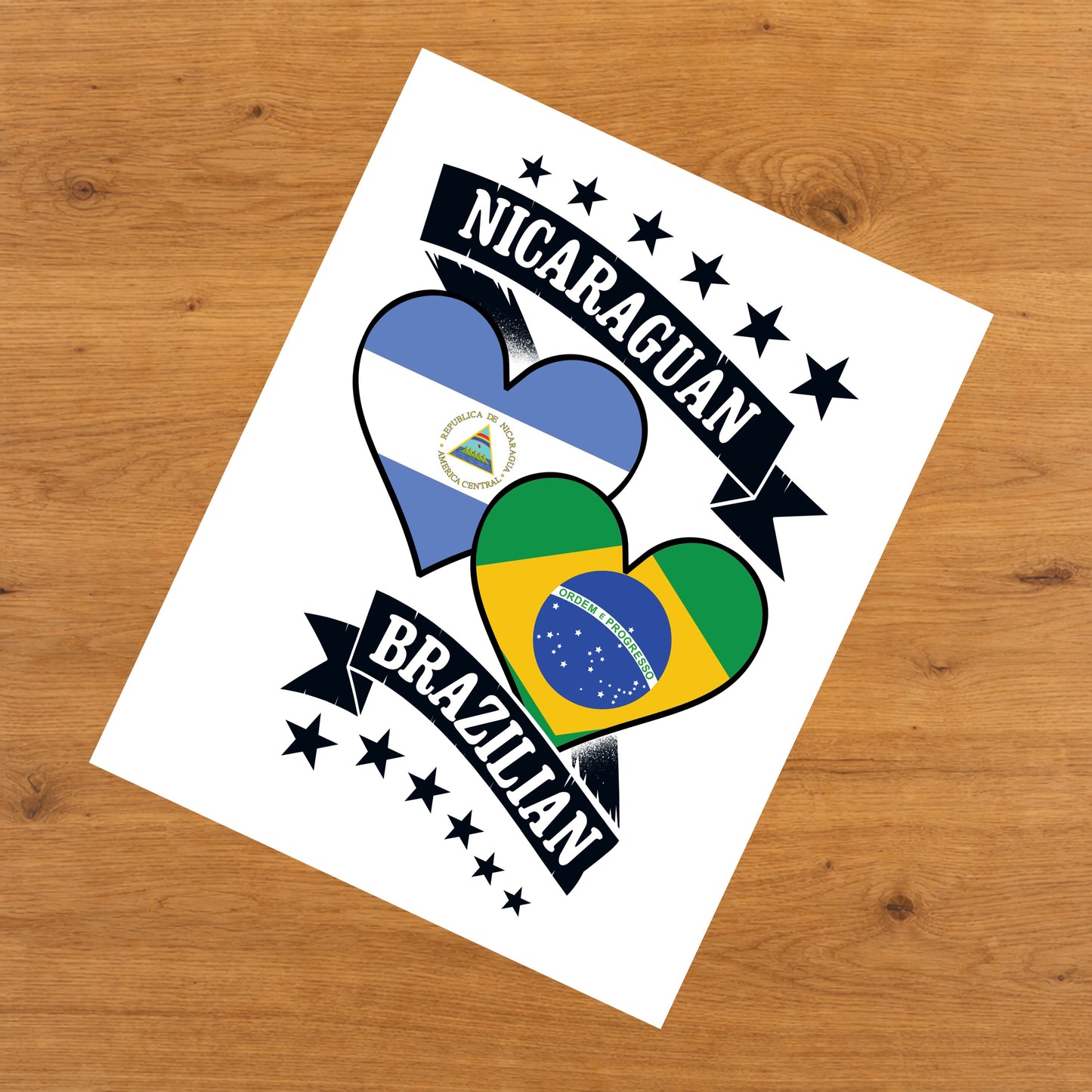 Nicaraguan Brazilian Heart Flags Nicaragua Brazil 8"x10" Wall Art Print