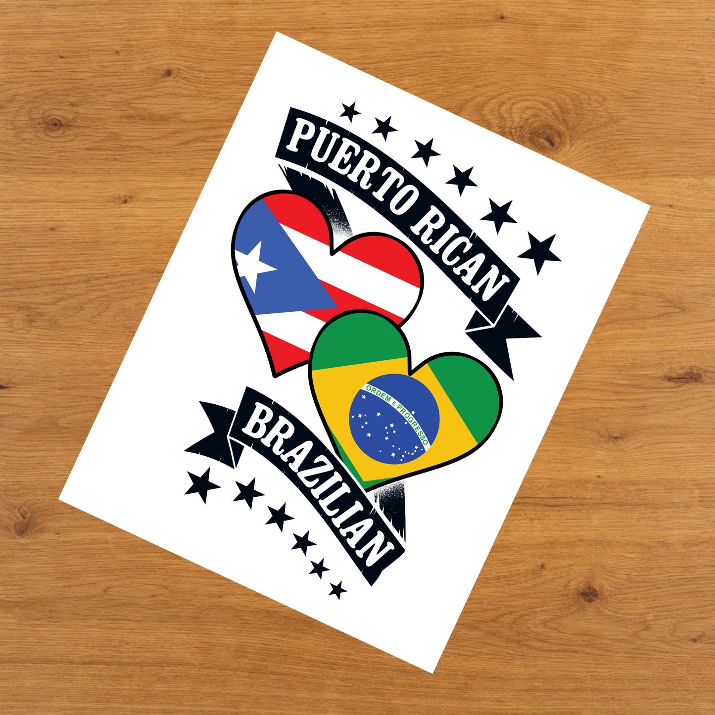 Puerto Rican Brazilian Heart Flags Puerto Rico Brazil 8"x10" Wall Art Print