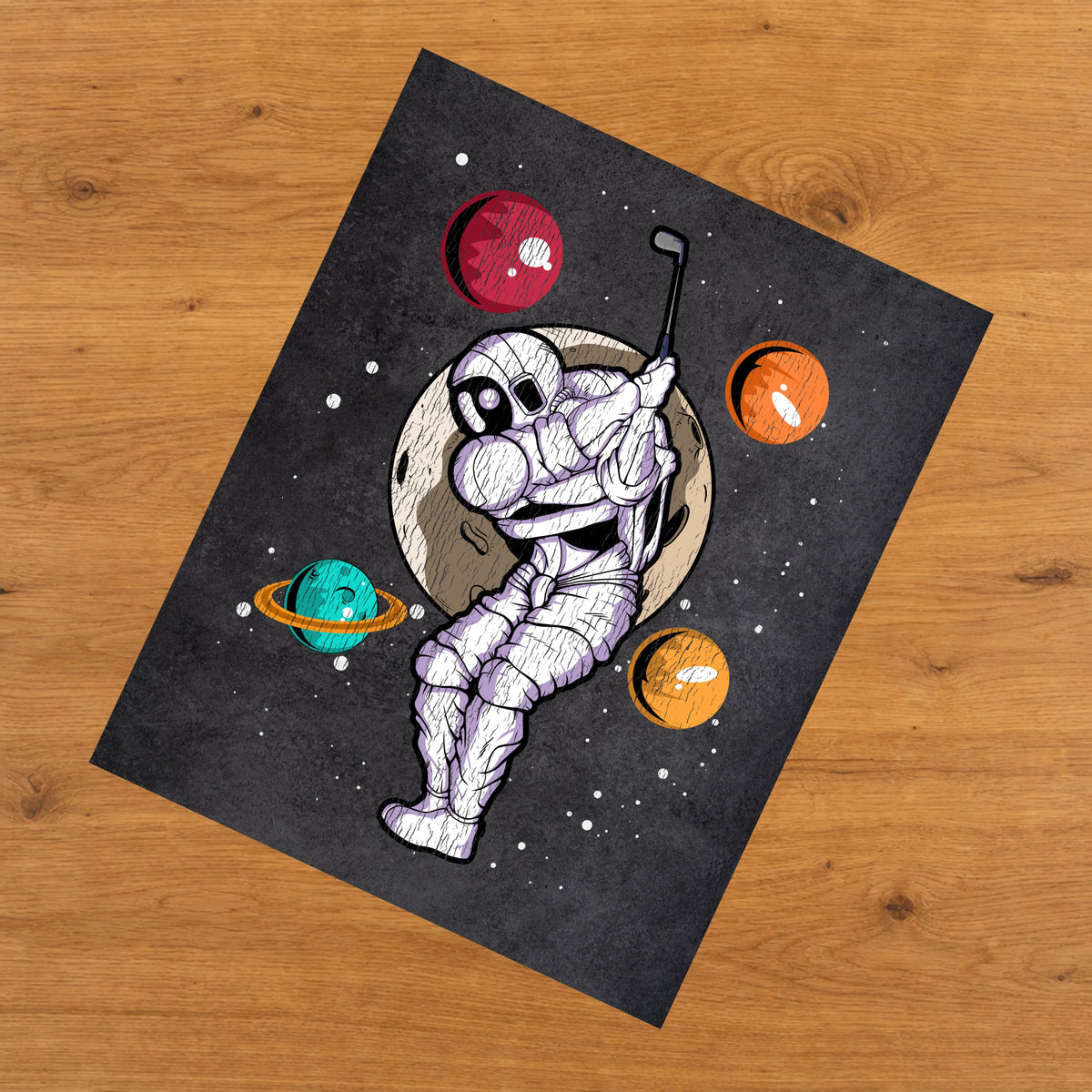 Golf Astronaut Outer Space Spaceman Distressed 8"x10" Wall Art Print