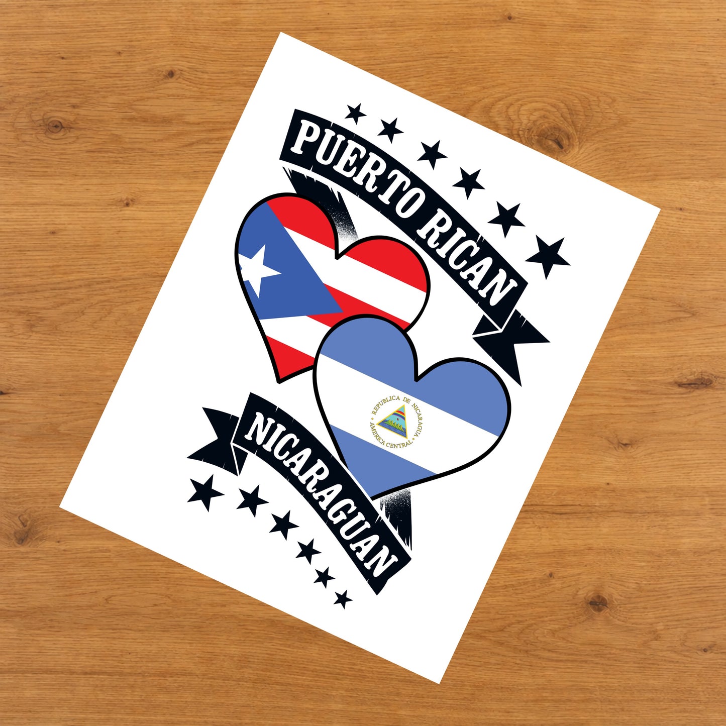 Puerto Rican Nicaraguan Heart Flags Puerto Rico Nicaragua 8"x10" Wall Art Print