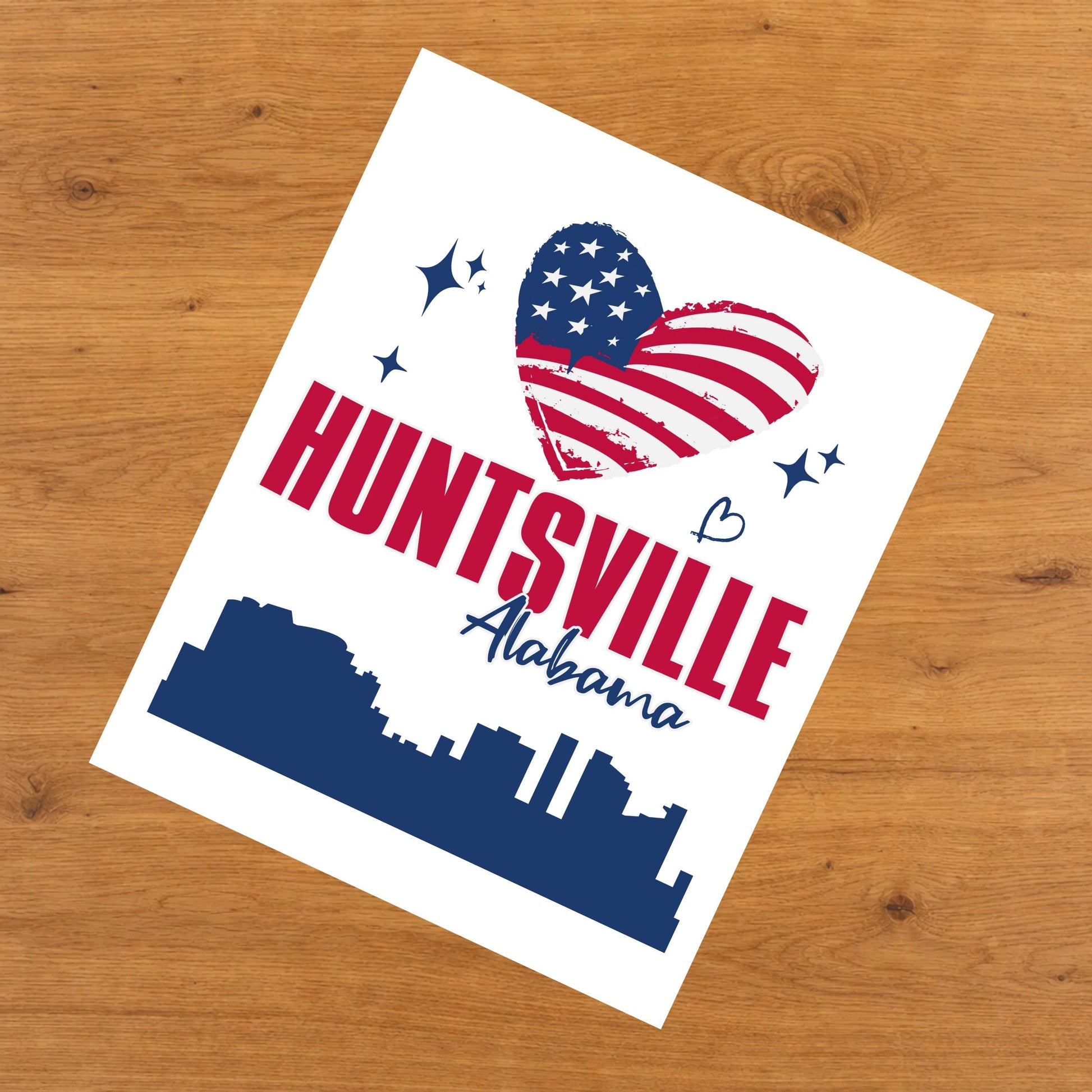 Huntsville Alabama Skyline American Flag Heart 4th of July 8"x10" Wall Art Print