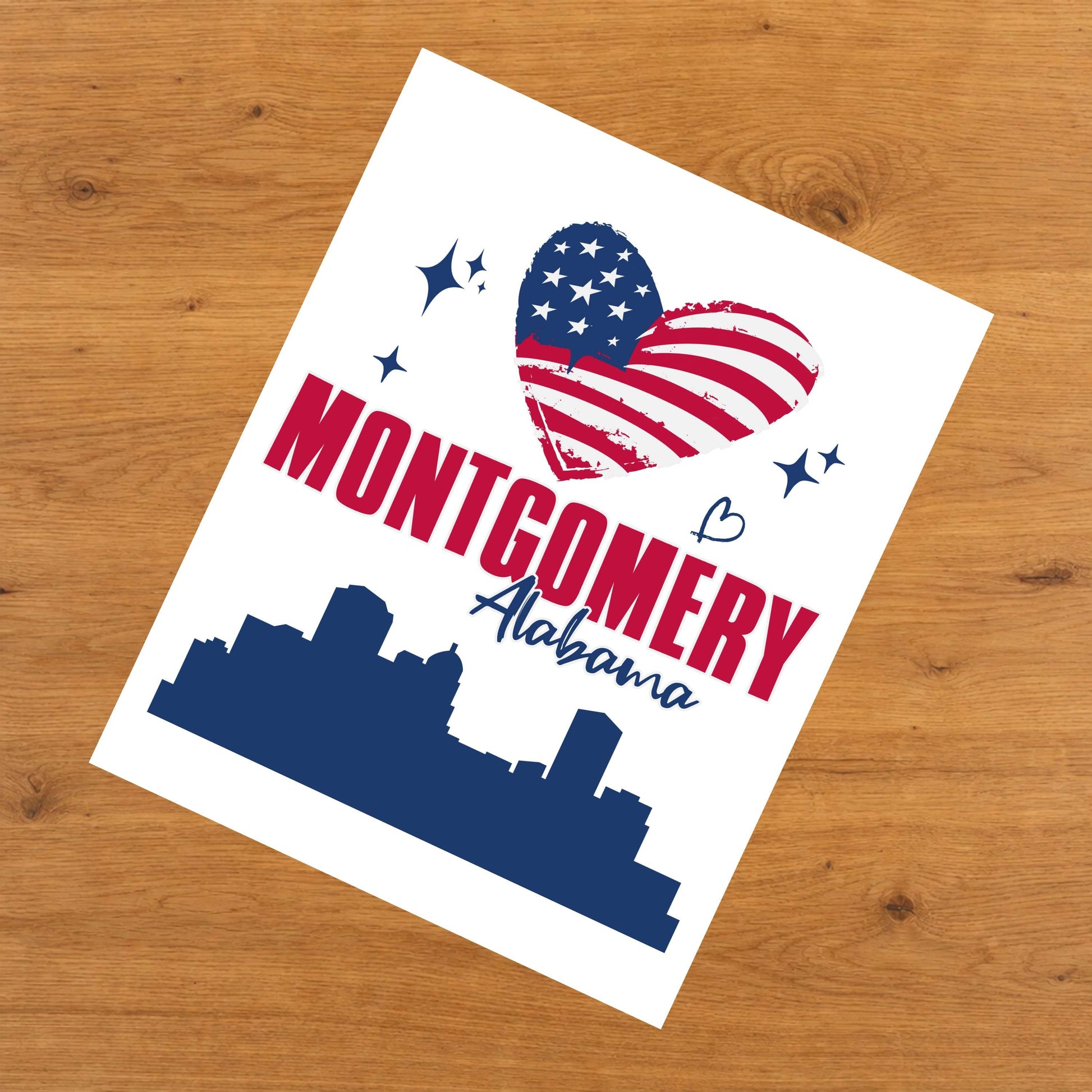 Montgomery Alabama Skyline American Flag Heart 4th of July 8"x10" Wall Art Print