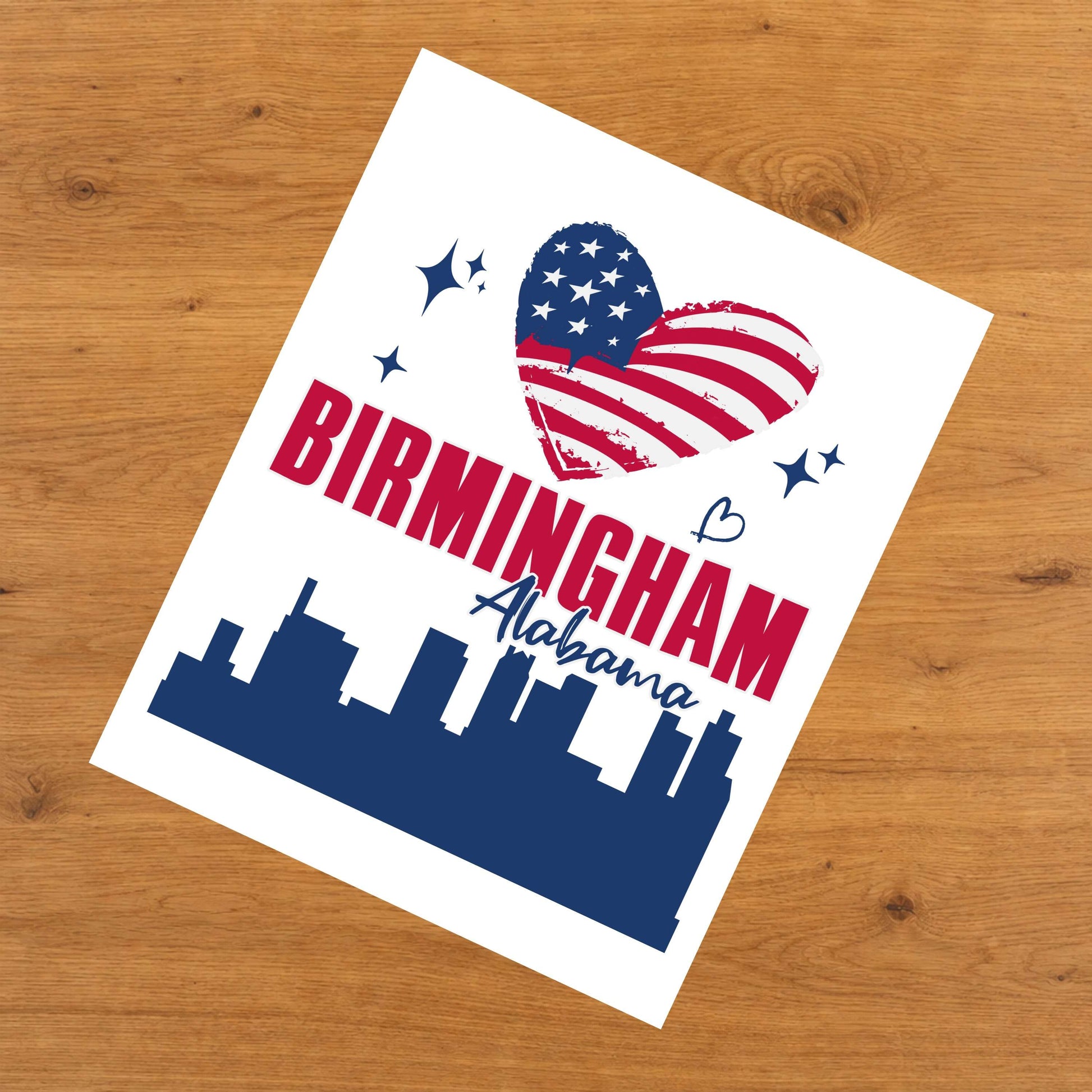 Birmingham Alabama Skyline American Flag Heart 4th of July 8"x10" Wall Art Print