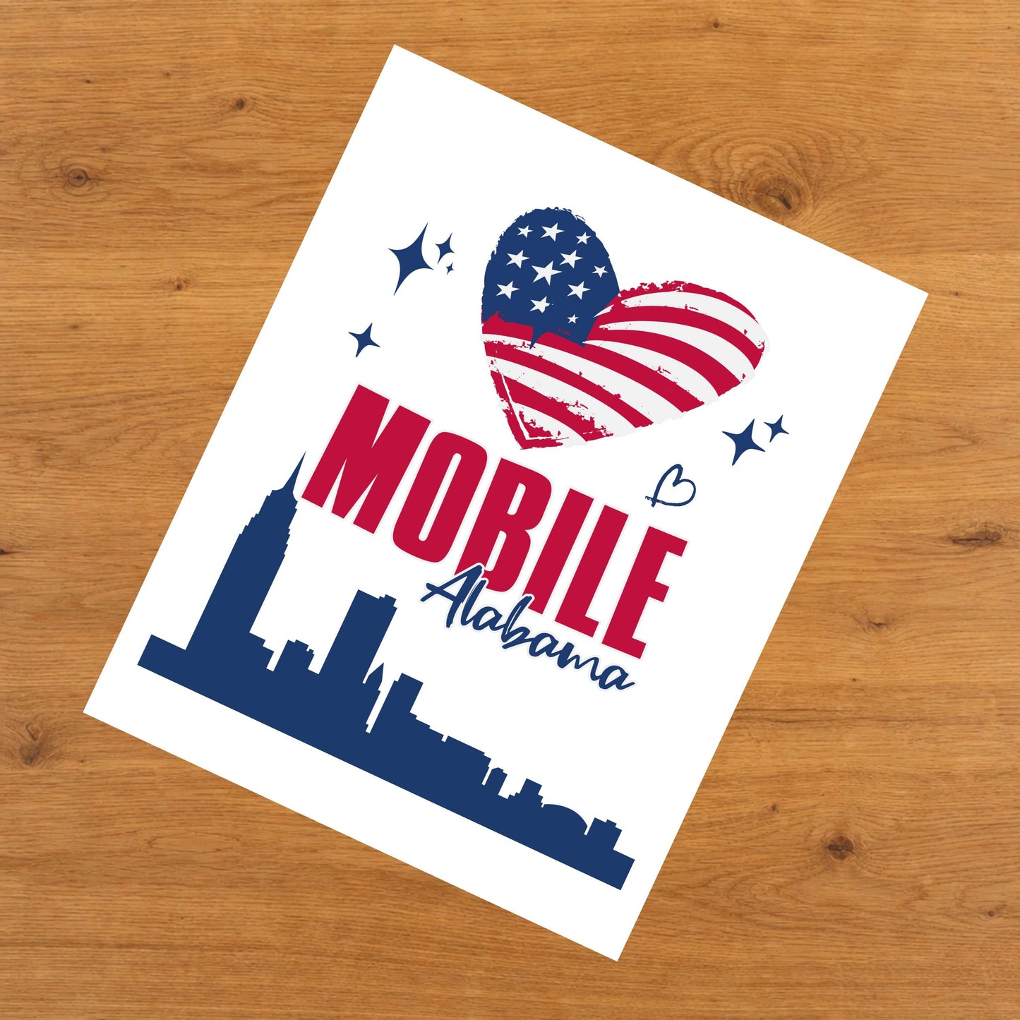 Mobile Alabama Skyline American Flag Heart 4th of July 8"x10" Wall Art Print
