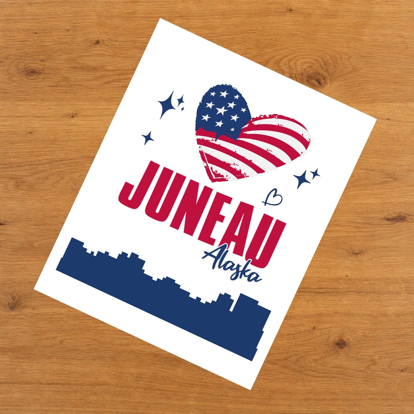 Juneau Alaska Skyline American Flag Heart 4th of July 8"x10" Wall Art Print
