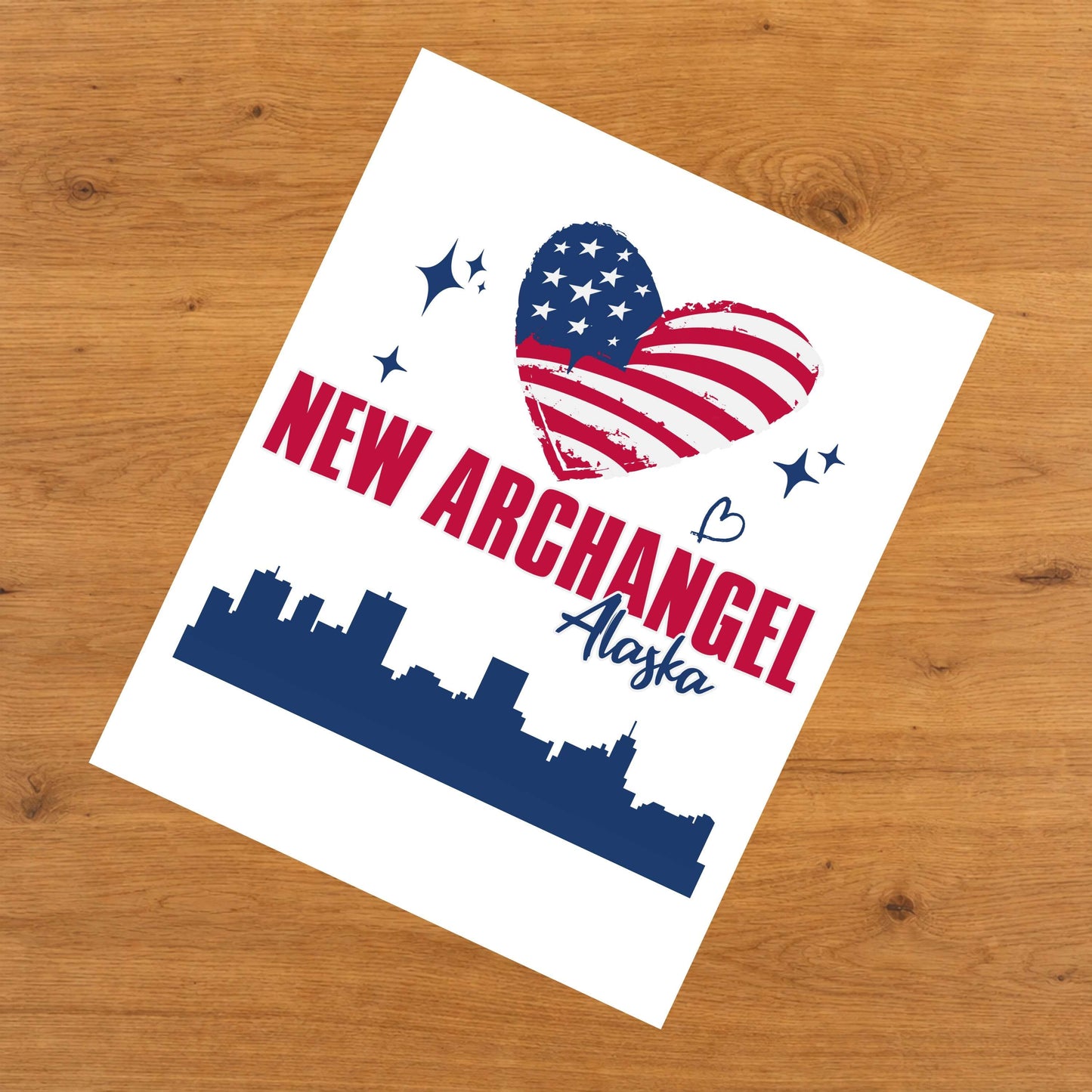 New Archangel Alaska Skyline American Flag Heart 4th of July 8"x10" Wall Art Print