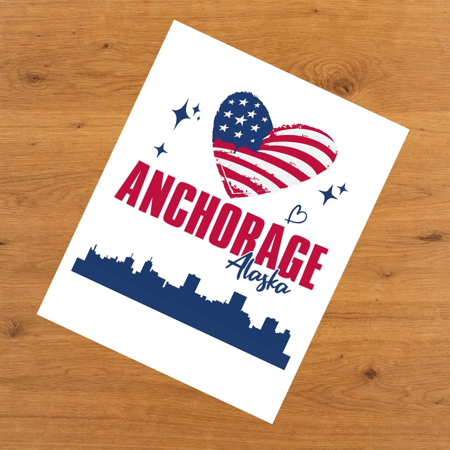 Anchorage Alaska Skyline American Flag Heart 4th of July 8"x10" Wall Art Print
