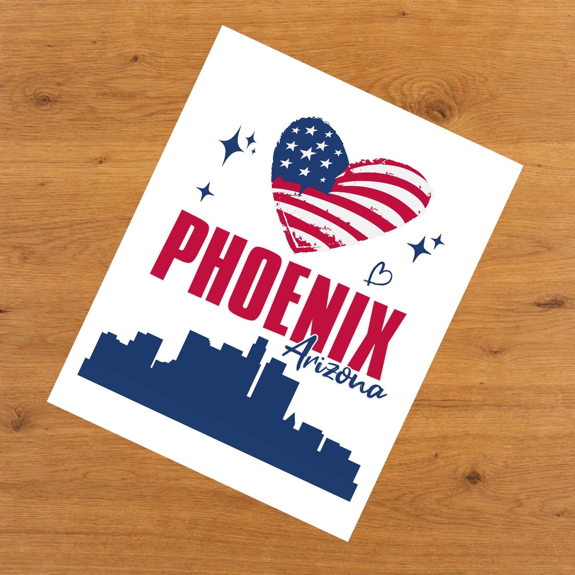 Phoenix Arizona Skyline American Flag Heart 4th of July 8"x10" Wall Art Print