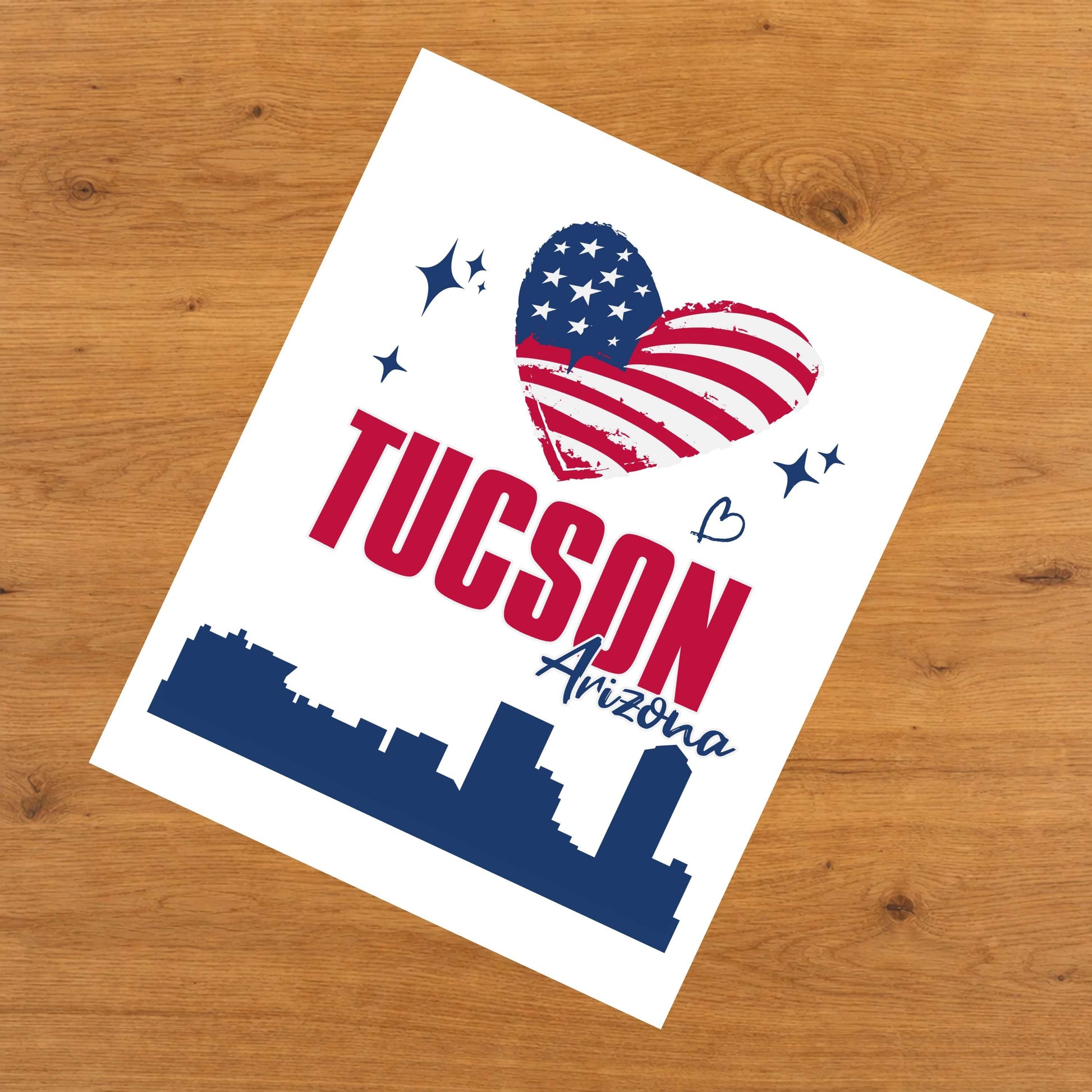 Tucson Arizona Skyline American Flag Heart 4th of July 8"x10" Wall Art Print