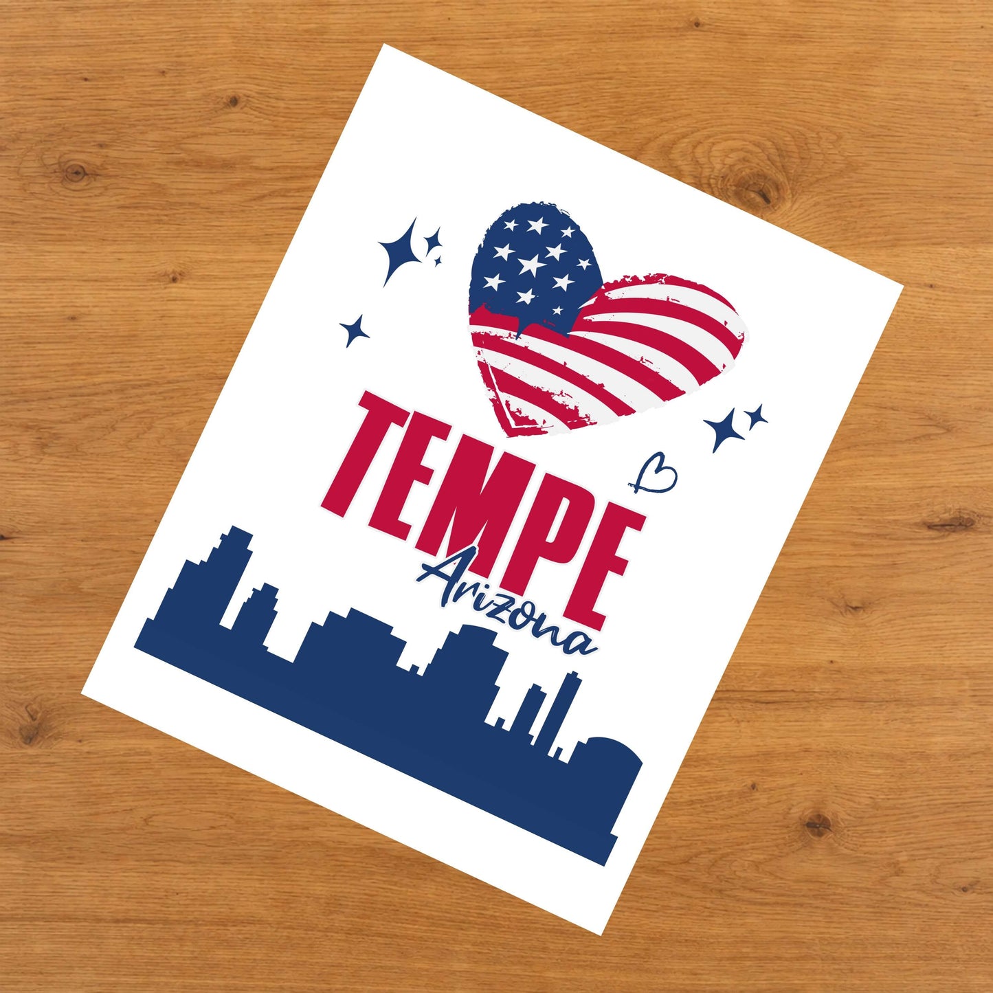 Tempe Arizona Skyline American Flag Heart 4th of July 8"x10" Wall Art Print