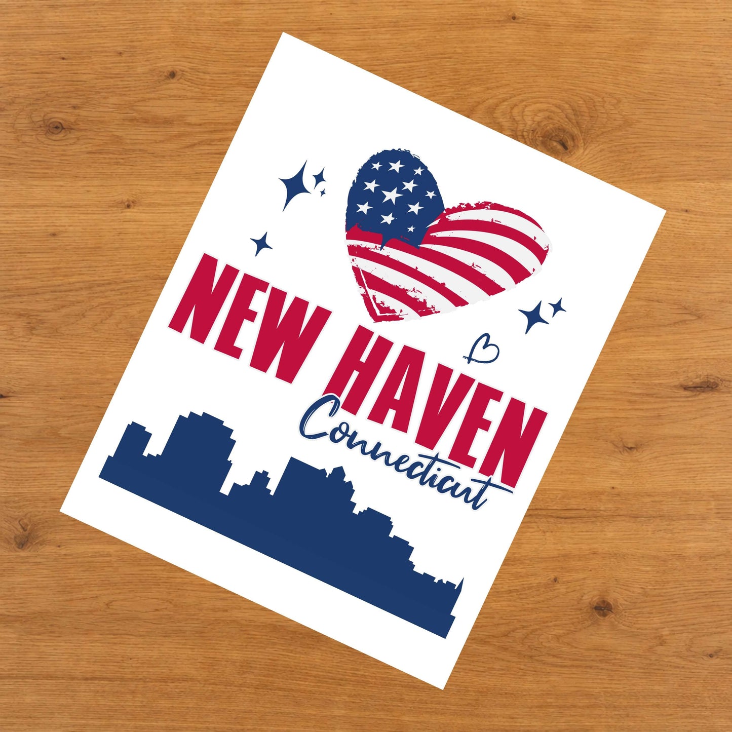 New Haven Connecticut Skyline American Flag Heart 4th of July 8"x10" Wall Art Print