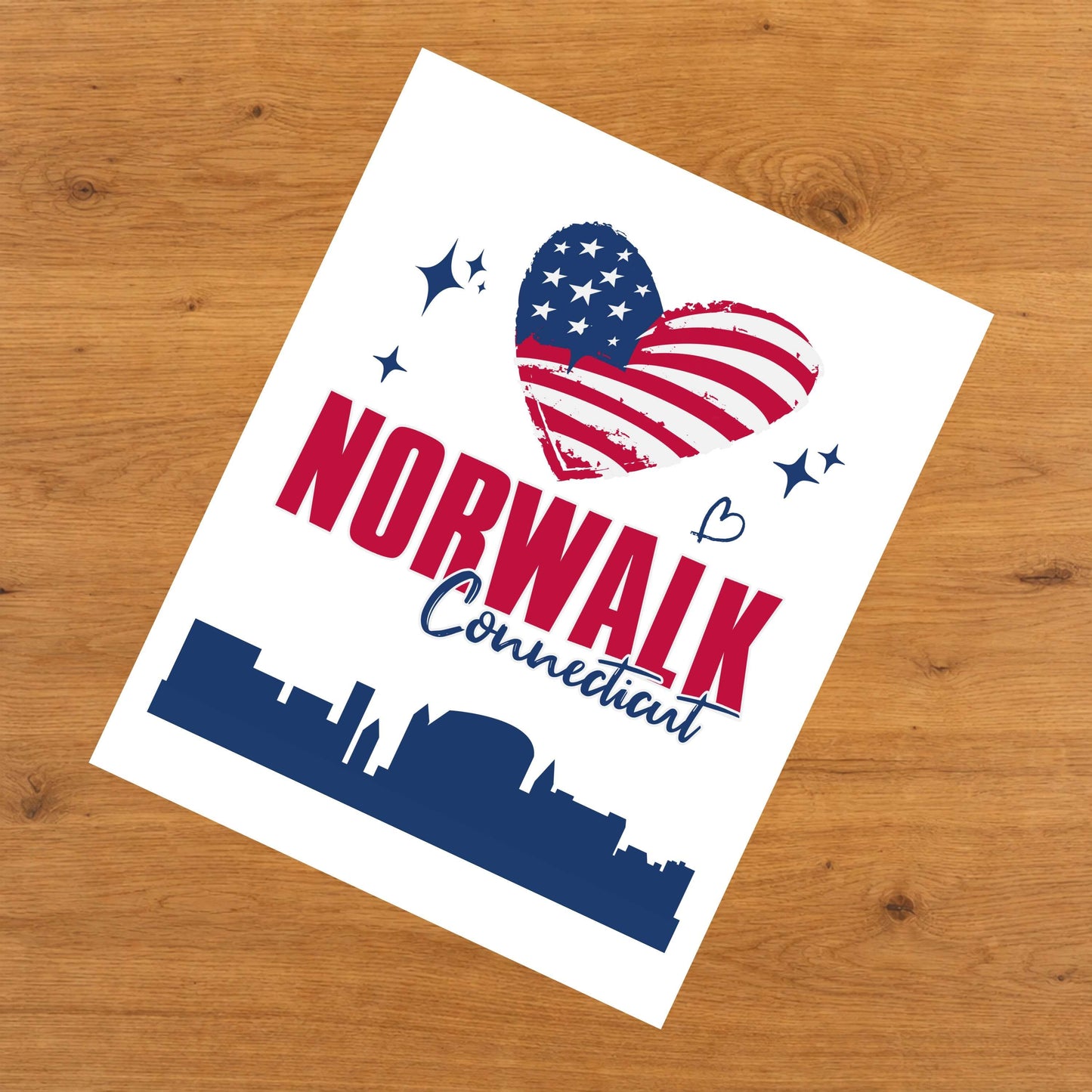 Norwalk Connecticut Skyline American Flag Heart 4th of July 8"x10" Wall Art Print