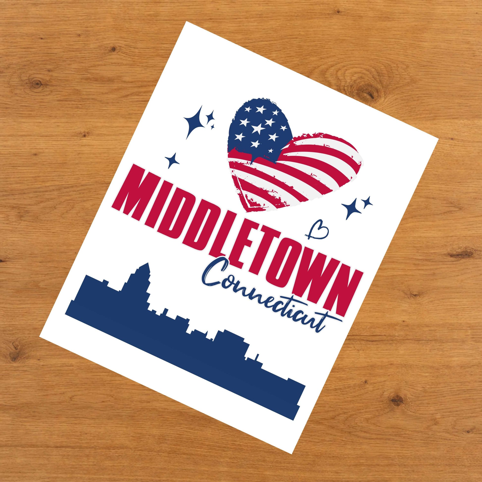 Middletown Connecticut Skyline American Flag Heart 4th of July 8"x10" Wall Art Print