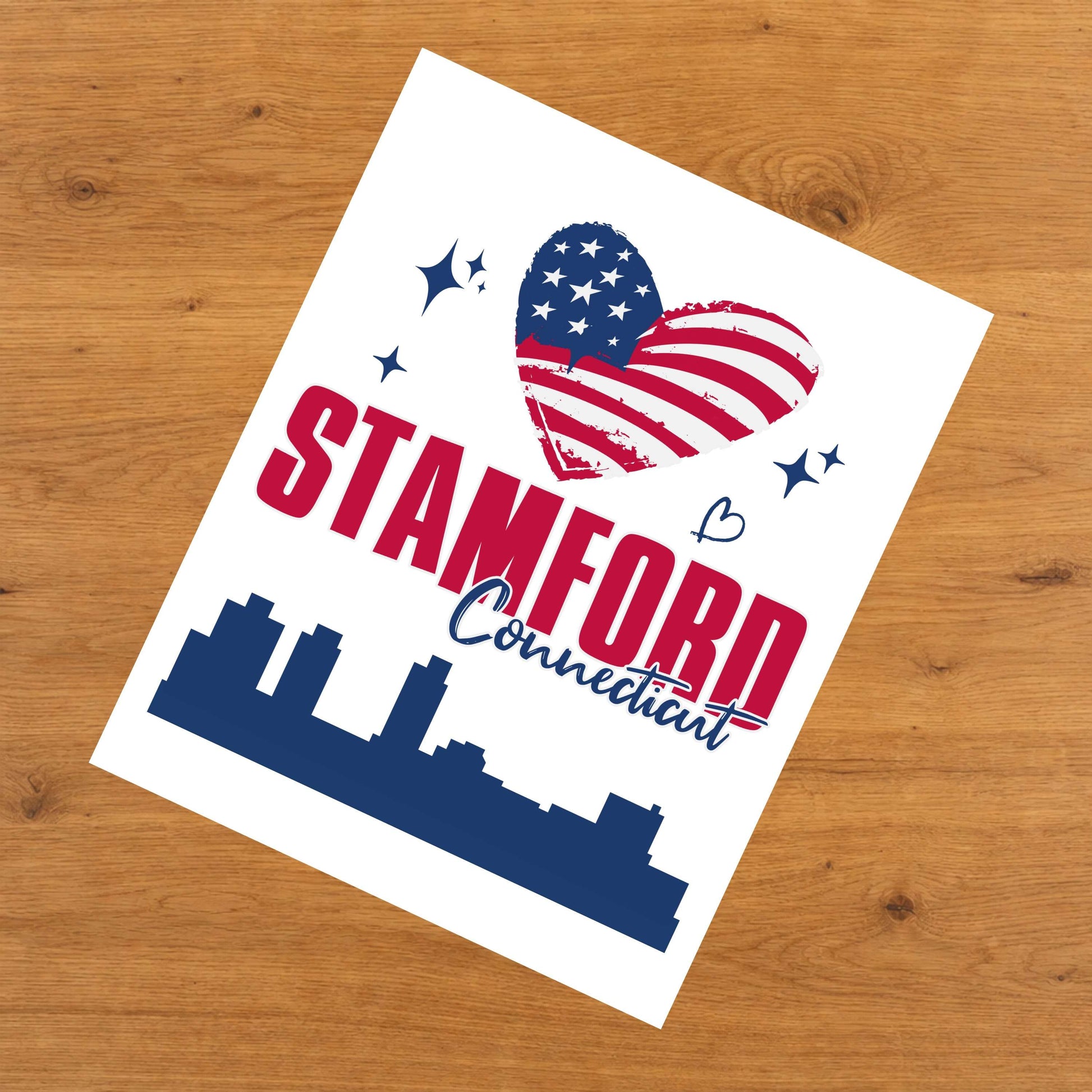 Stamford Connecticut Skyline American Flag Heart 4th of July 8"x10" Wall Art Print