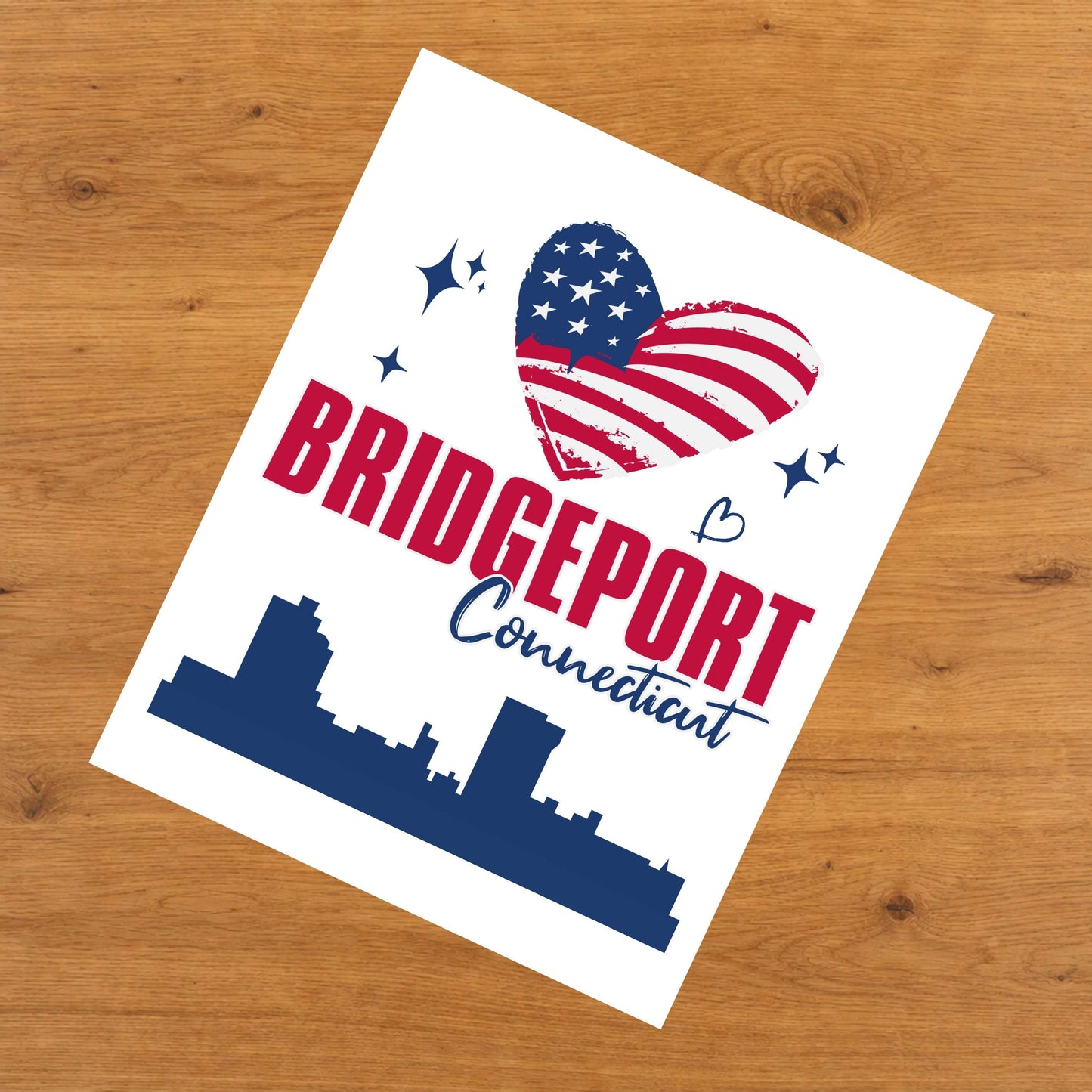 Bridgeport Connecticut Skyline American Flag Heart 4th of July 8"x10" Wall Art Print