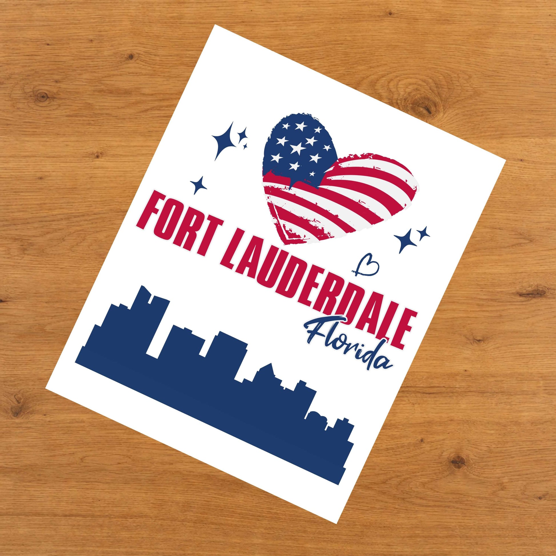 Fort Lauderdale Florida Skyline American Flag Heart 4th of July 8"x10" Wall Art Print