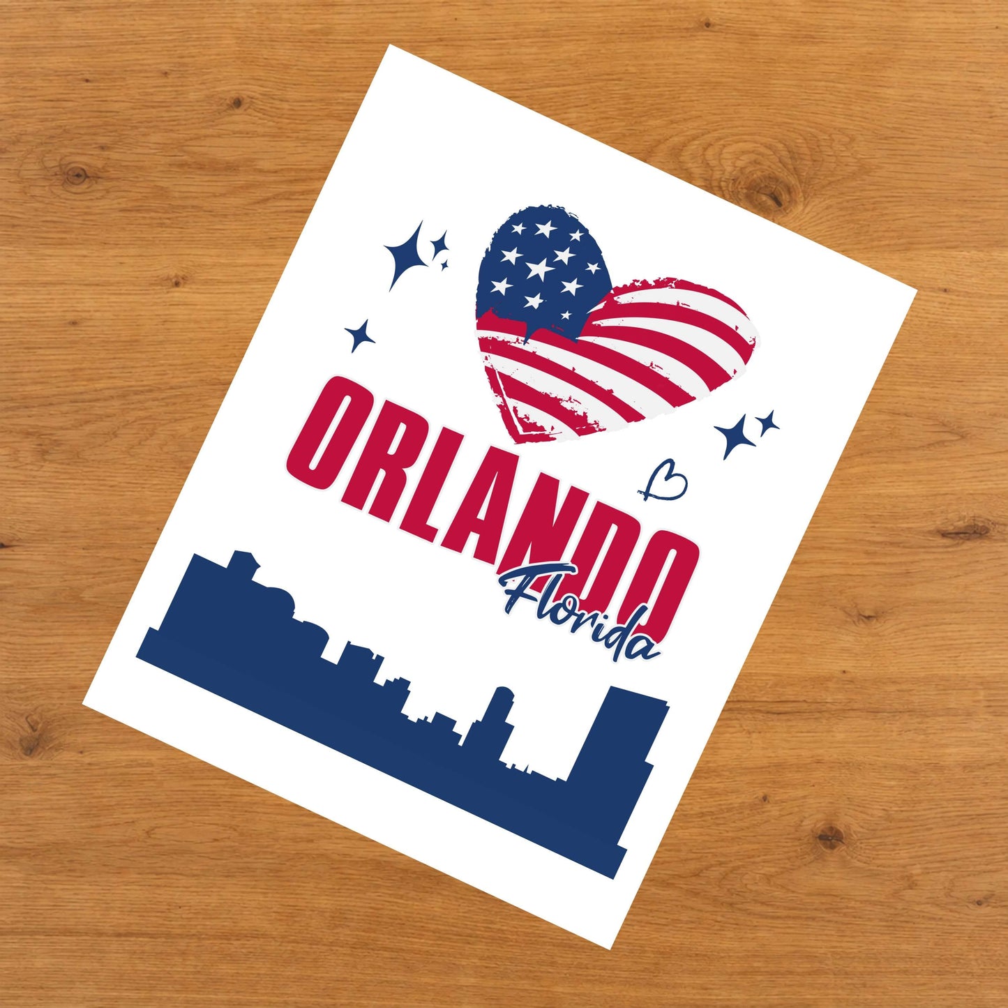 Orlando Florida Skyline American Flag Heart 4th of July 8"x10" Wall Art Print