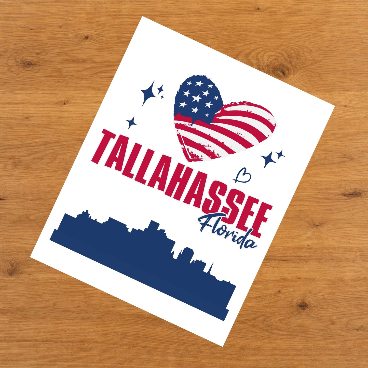 Tallahassee Florida Skyline American Flag Heart 4th of July 8"x10" Wall Art Print