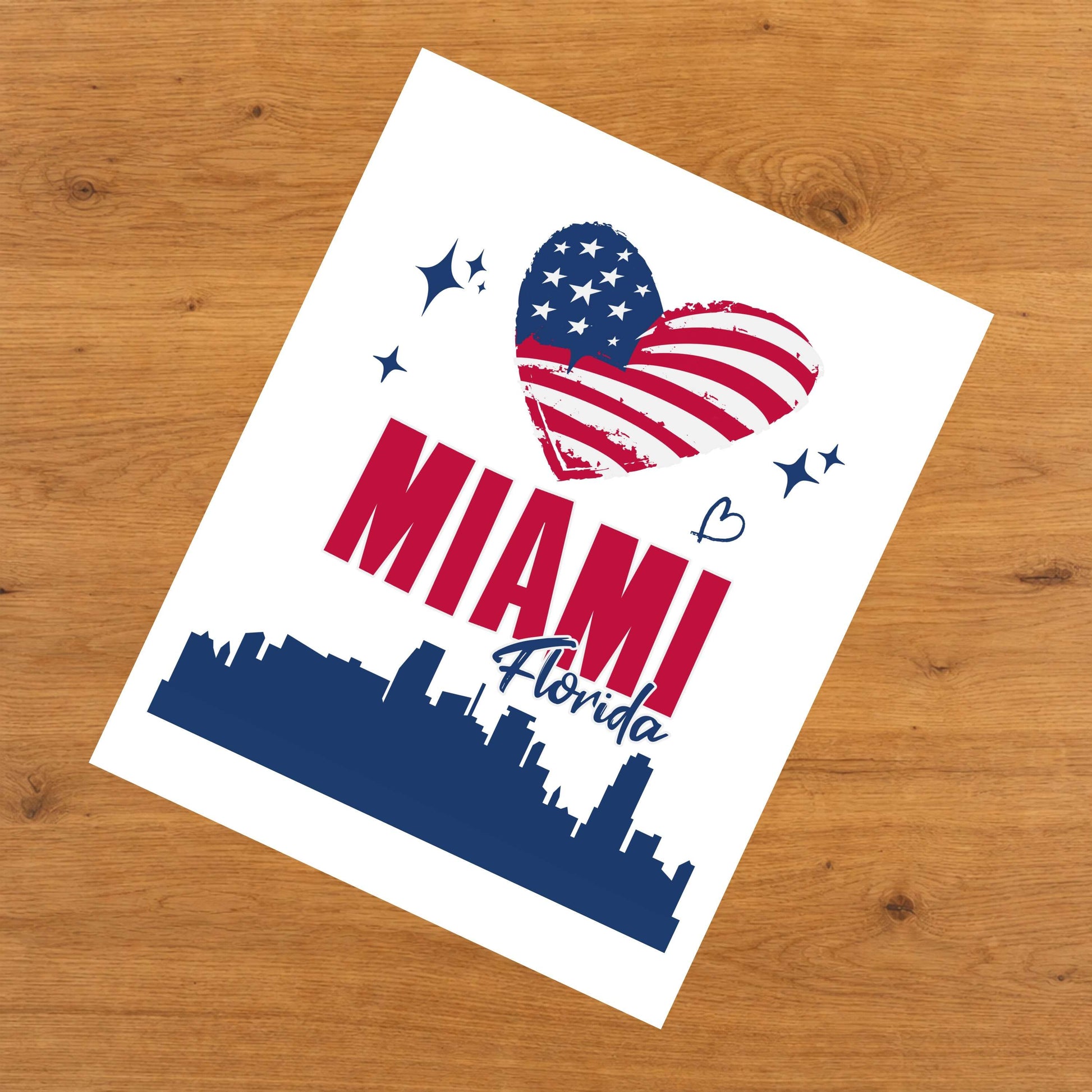 Miami Florida Skyline American Flag Heart 4th of July 8"x10" Wall Art Print