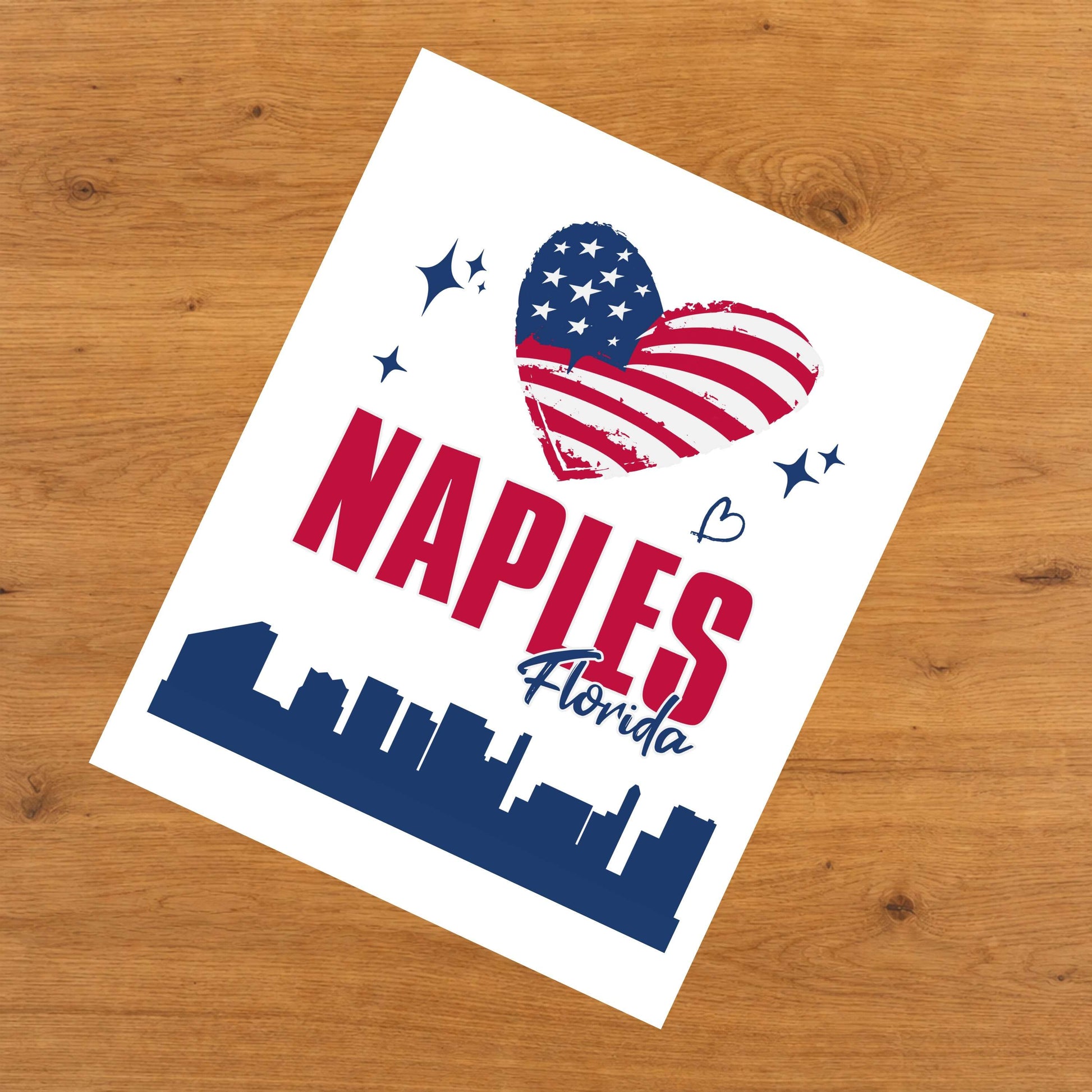 Naples Florida Skyline American Flag Heart 4th of July 8"x10" Wall Art Print