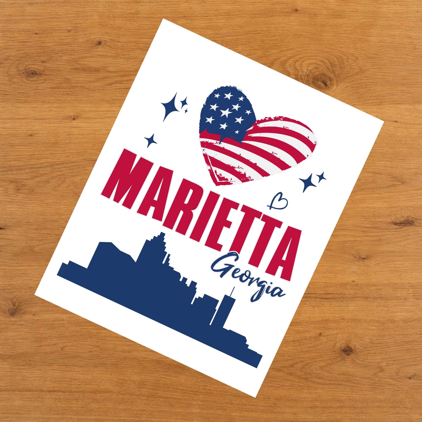 Marietta Georgia Skyline American Flag Heart 4th of July 8"x10" Wall Art Print