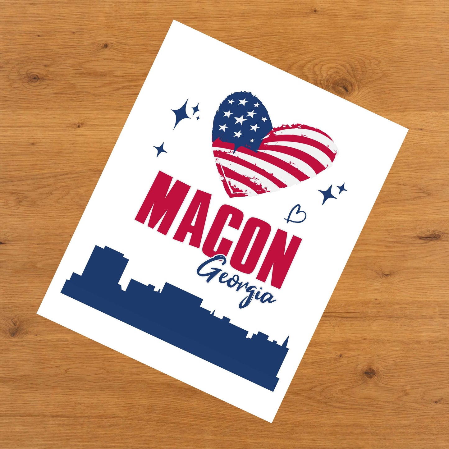 Macon Georgia Skyline American Flag Heart 4th of July 8"x10" Wall Art Print