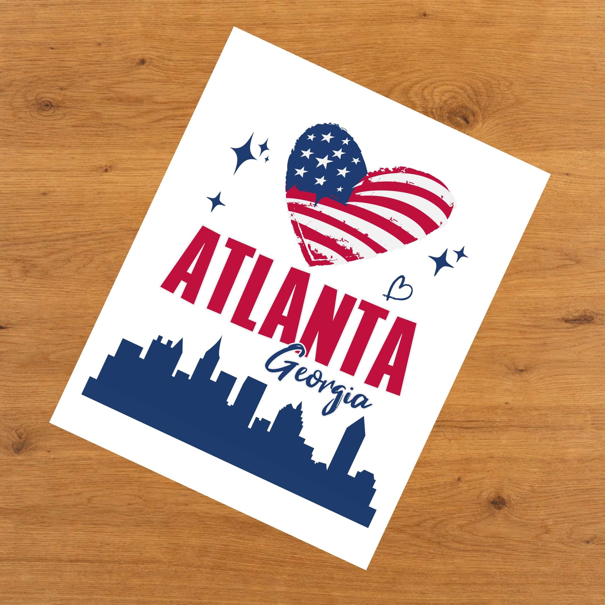 Atlanta Georgia Skyline American Flag Heart 4th of July 8"x10" Wall Art Print