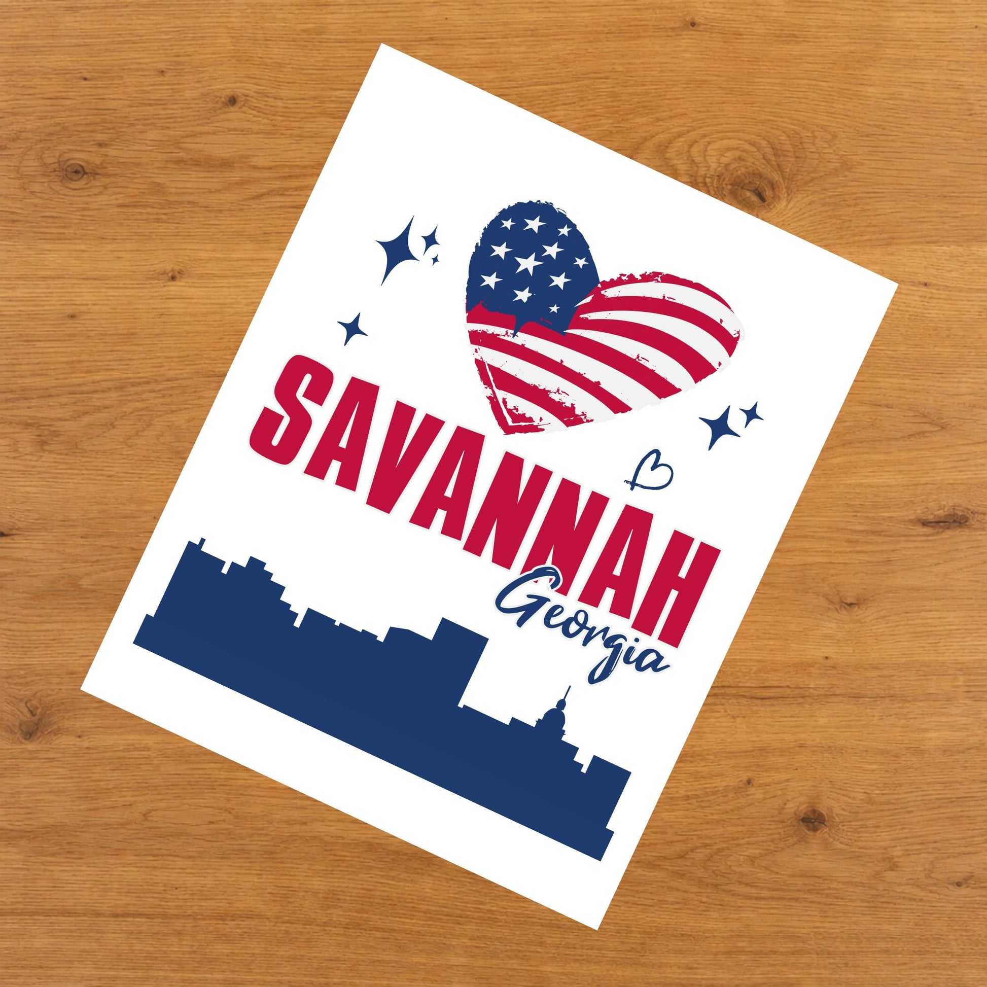 Savannah Georgia Skyline American Flag Heart 4th of July 8"x10" Wall Art Print