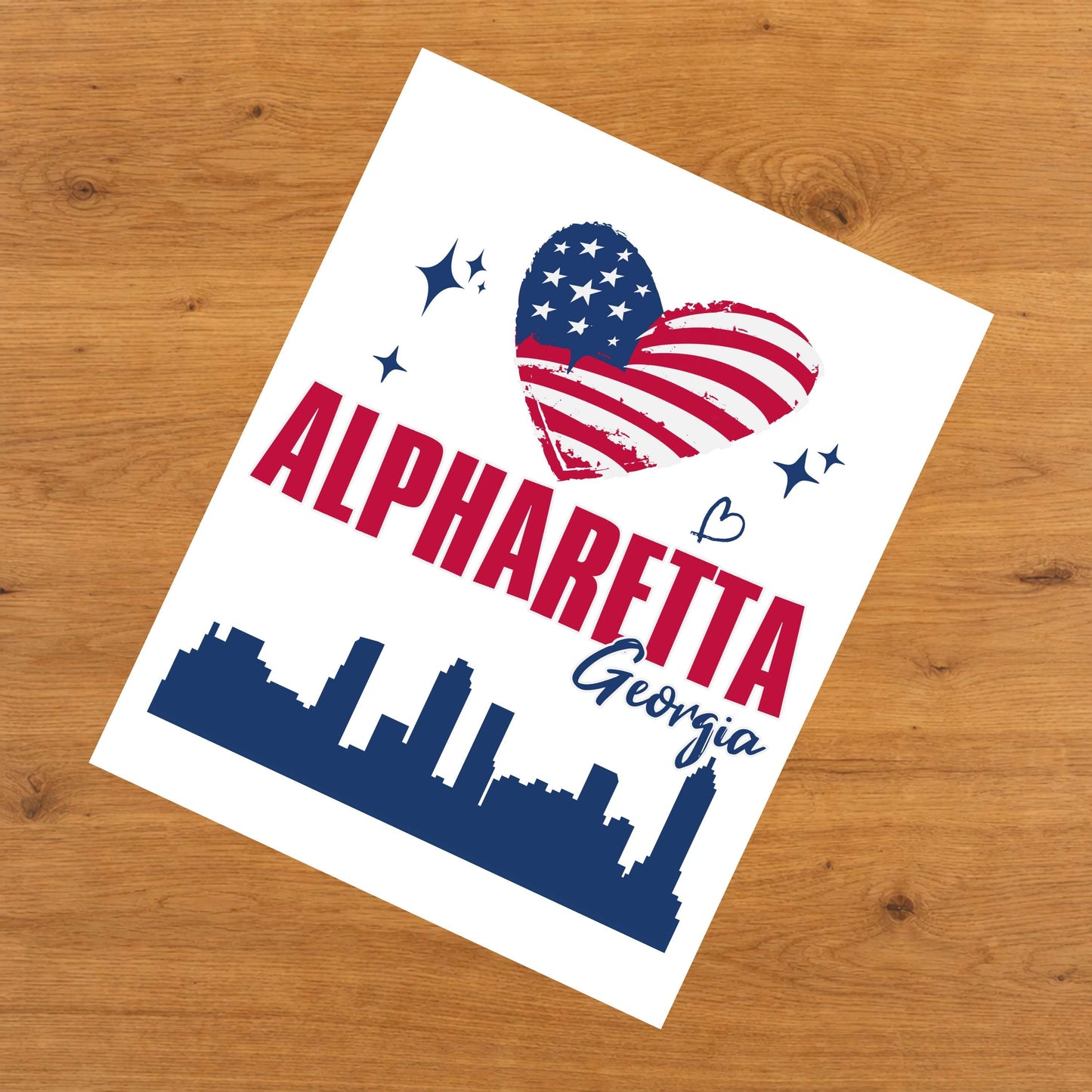 Alpharetta Georgia Skyline American Flag Heart 4th of July 8"x10" Wall Art Print