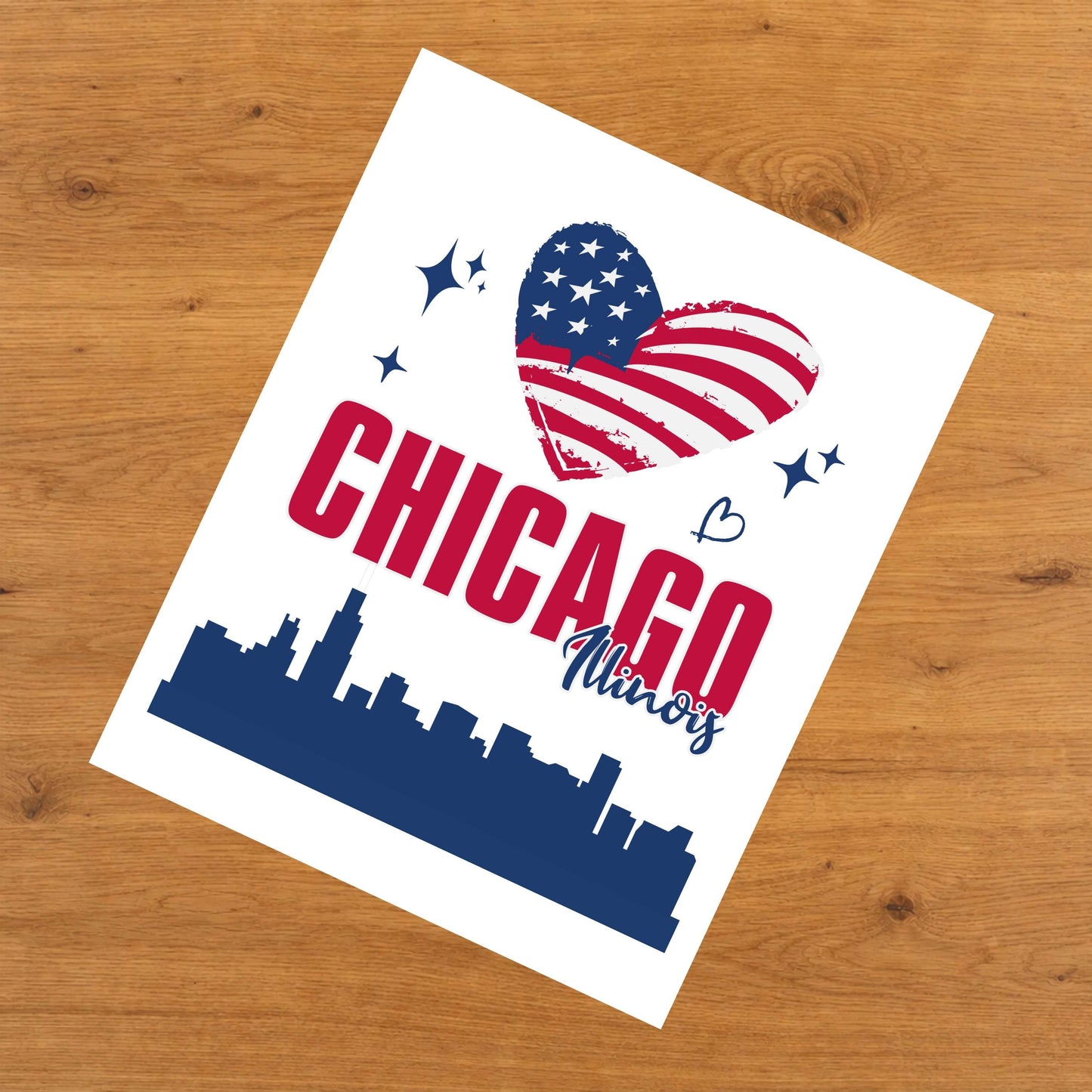 Chicago Illinois Skyline American Flag Heart 4th of July 8"x10" Wall Art Print